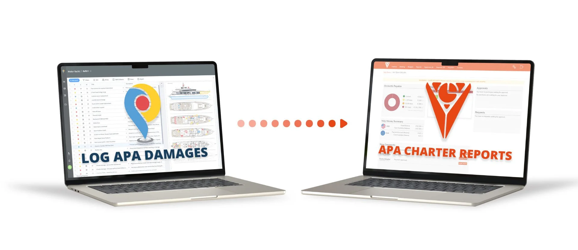 Two laptops with a dotted arrow pointing from the left to the right. The left laptop screen shows a log of APA damages with a chart, while the right laptop screen displays APA charter reports with financial data.