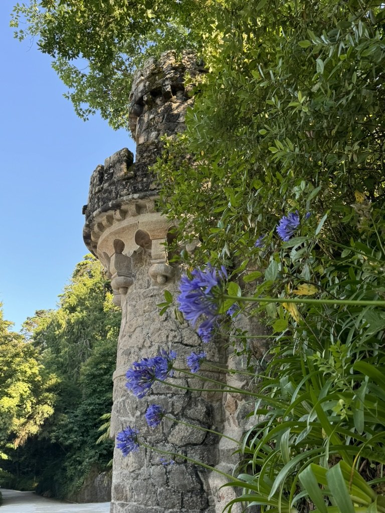 An old stone tower partially covered with lush green foliage and purple flowers, with a clear blue sky in the background.