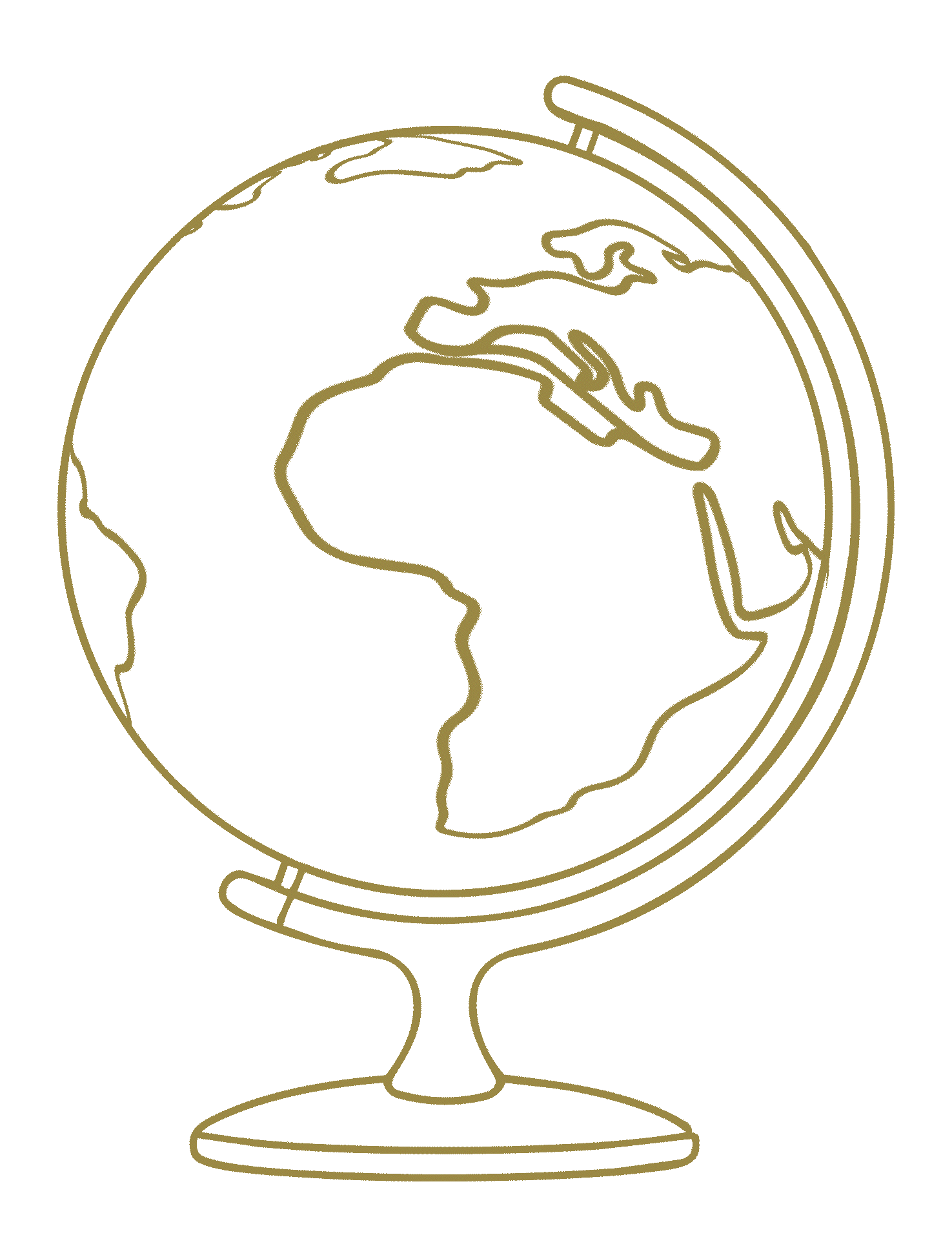A line drawing of a globe on a stand, viewed from North America, with a magnifying glass showing the African continent.