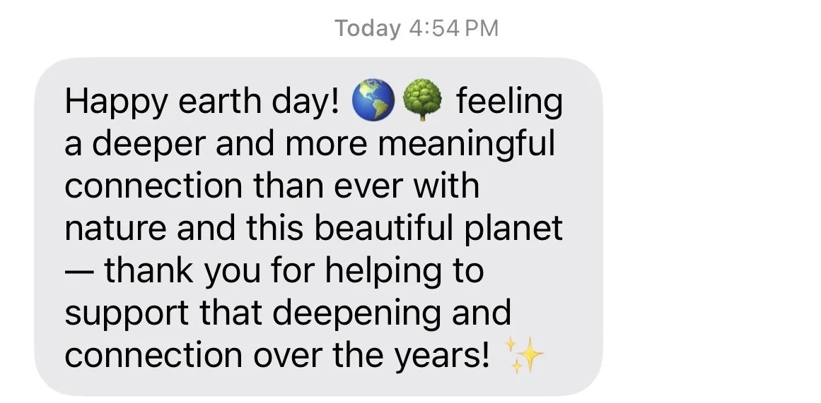 Text message expressing Earth Day greetings, mentioning nature, the planet, and gratitude for supporting environmental efforts, with Earth and tree emojis and sparkles.