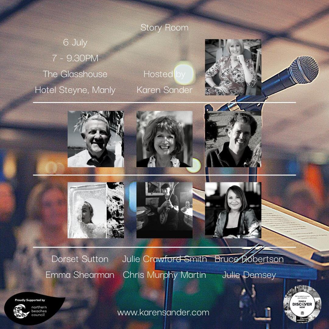 Introducing July's Story Room Line Up!

Dorset Sutton 
Julie Crawford Smith 
Bruce Robertson
Emma Shearman
Chris Murphy Martin
Julie Demsey

We have been selling out so if you don't want to miss out, make sure you secure your tickets early!

July's S