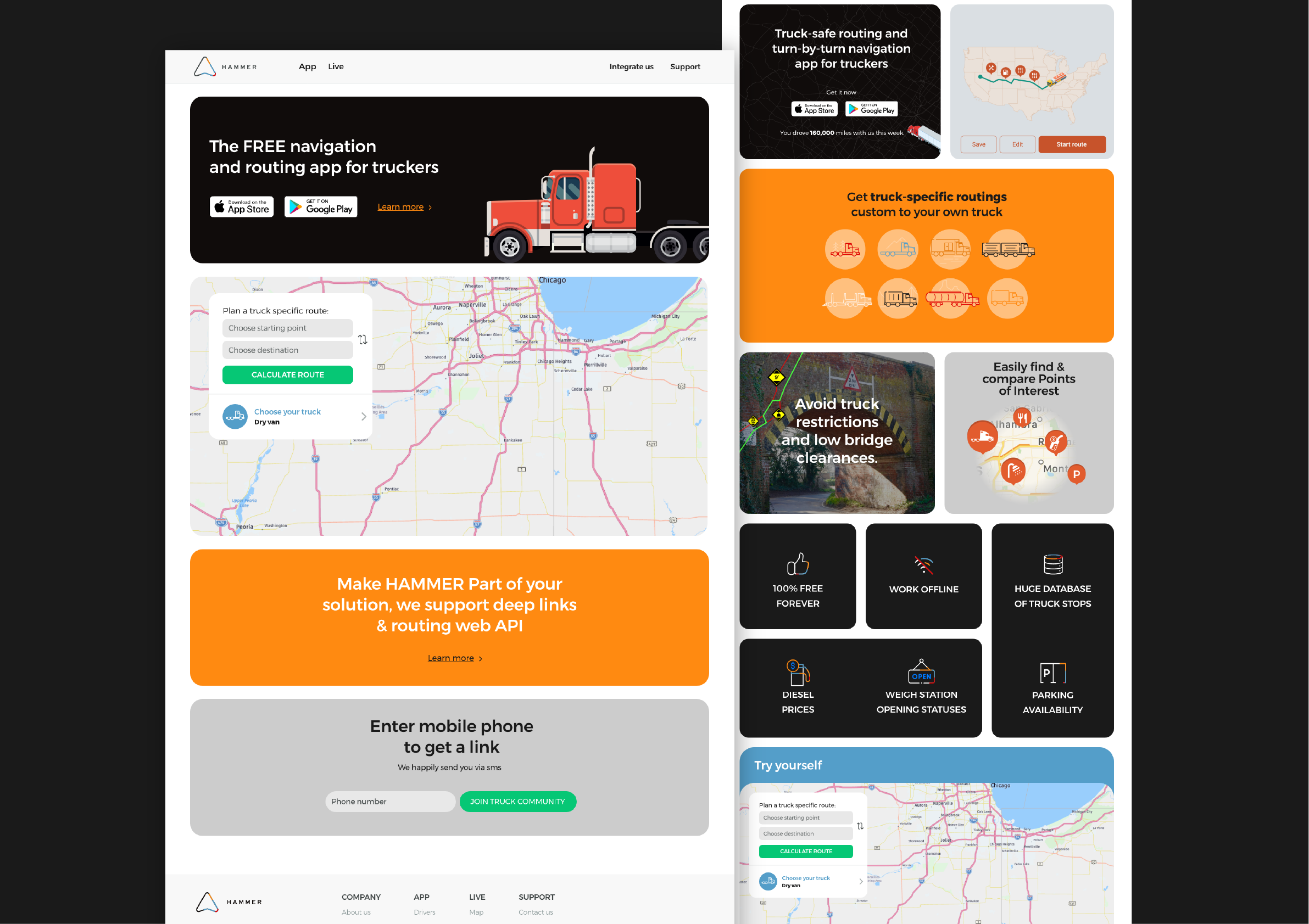 A digital collage of truck navigation and routing app interfaces, including maps, route planning options, truck-specific routing, points of interest, and download prompts.