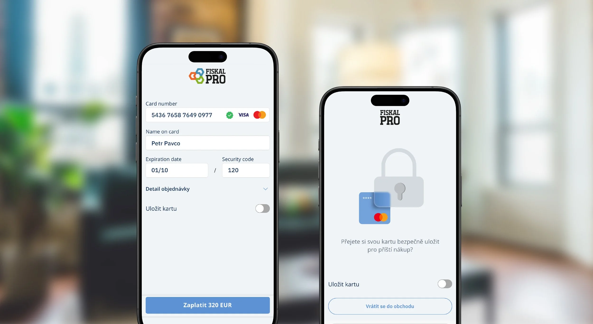 Two smartphones showing digital wallet apps with payment and card management features, standing on a blurred indoor background.