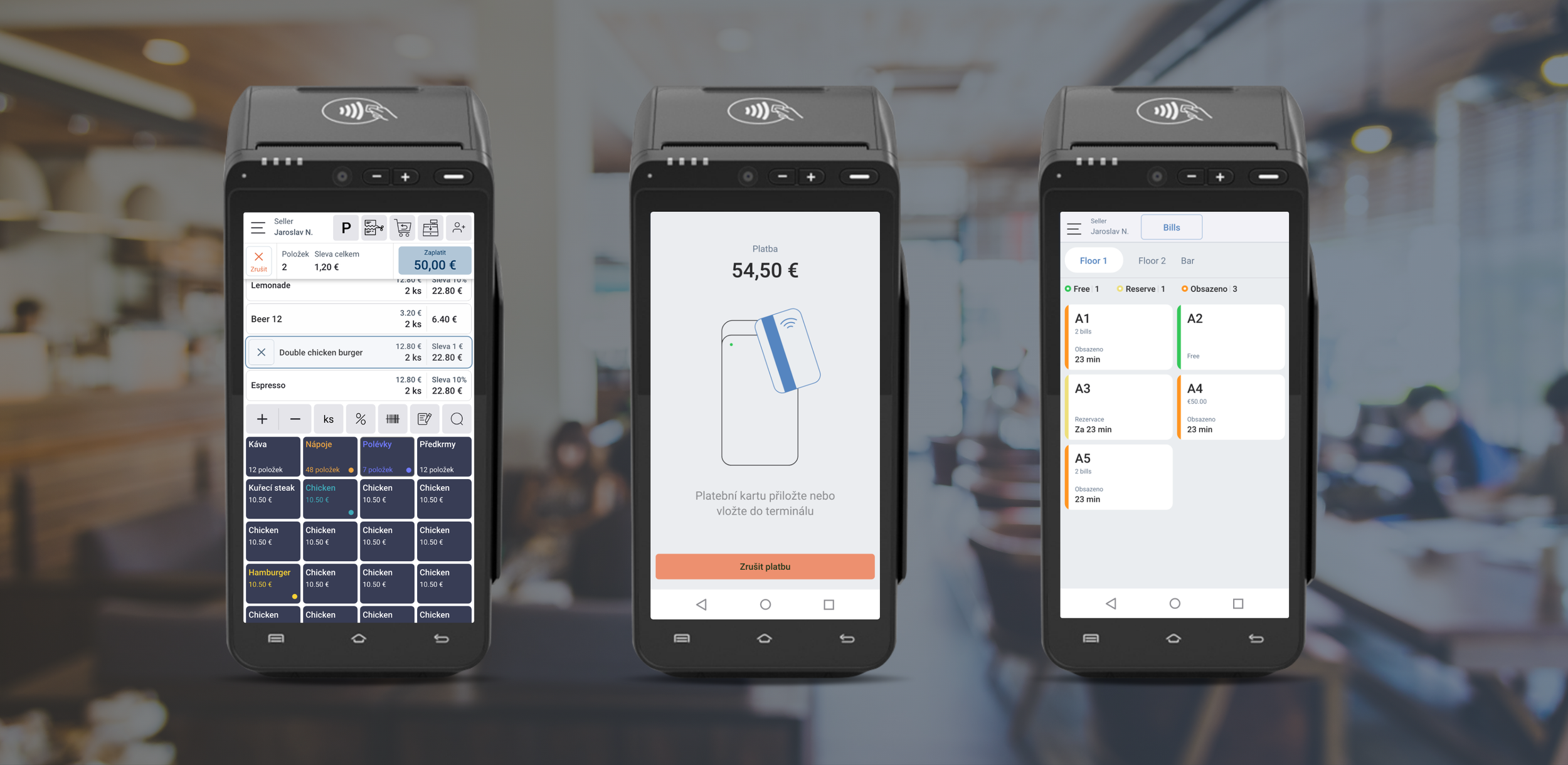 Three smartphones displaying different screens of a contactless payment system in a cafe setting.