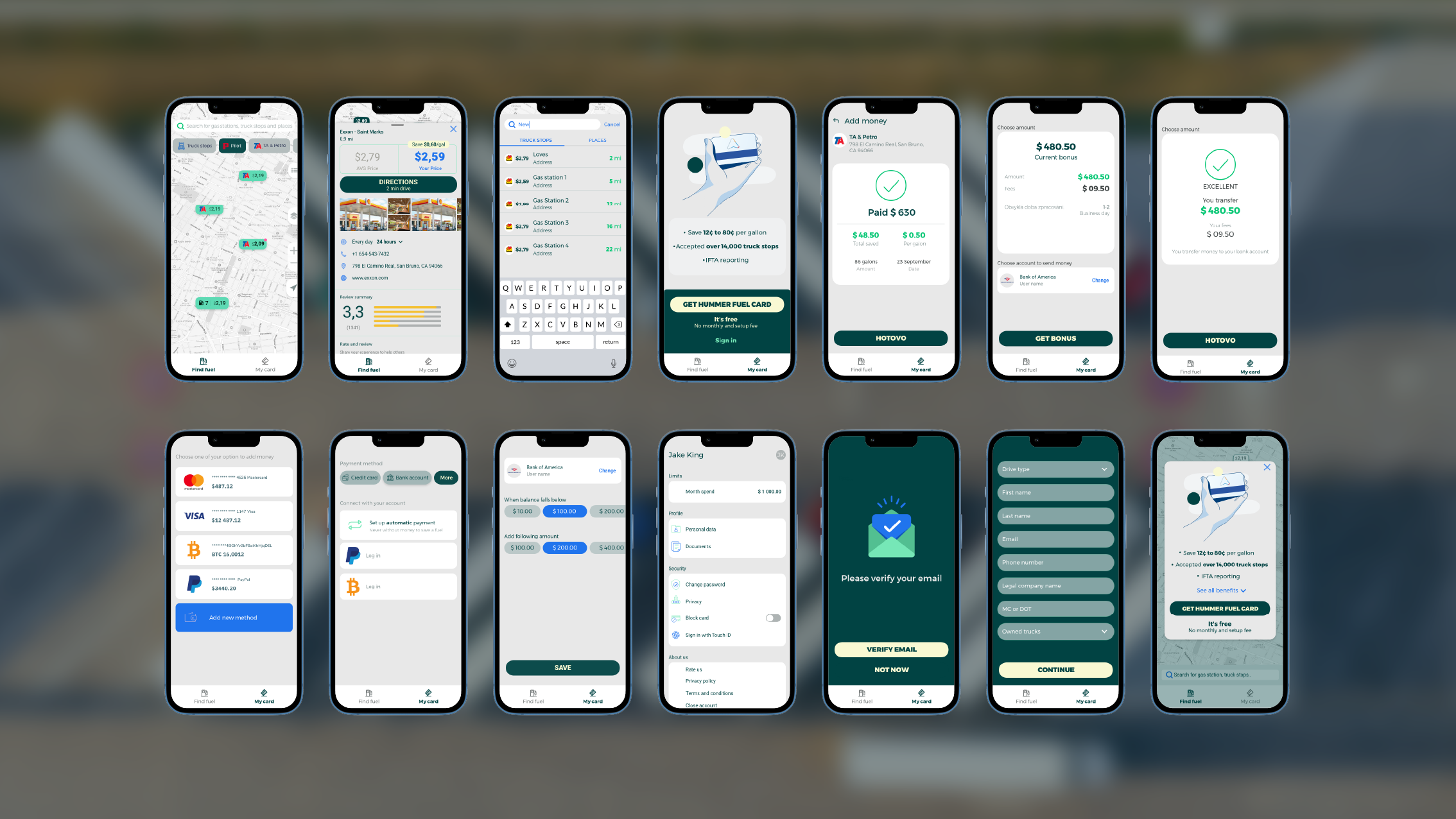 A digital collage of multiple smartphone screens displaying various app interfaces, including maps, fuel price comparisons, payment methods, bank account management, and email verification, against a blurred outdoor background.
