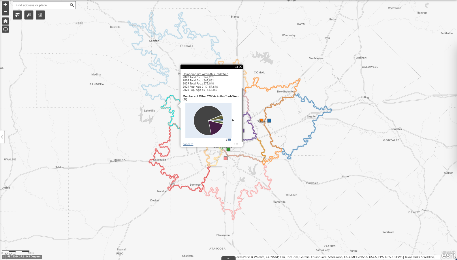 The non-overlapping trade areas of YMCA branches and a cannibalization chart for a selected branch, indicating that 30% of its membership is being taken by nearby YMCAs. It highlights the effect of overlapping service areas on membership.
