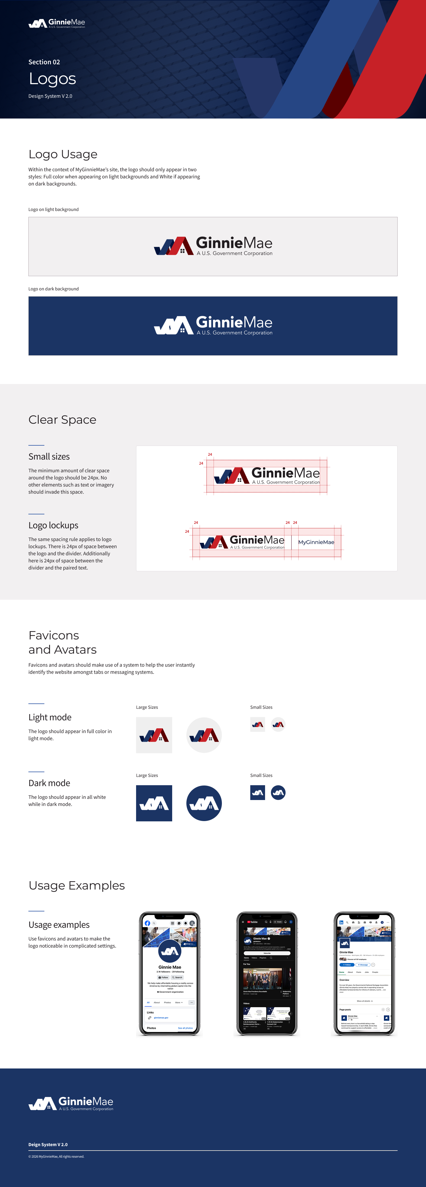 A design guide for Ginnie Mae logos showing usage on light and dark backgrounds, clear space, lockups, and app icon examples with variations in size and mode.