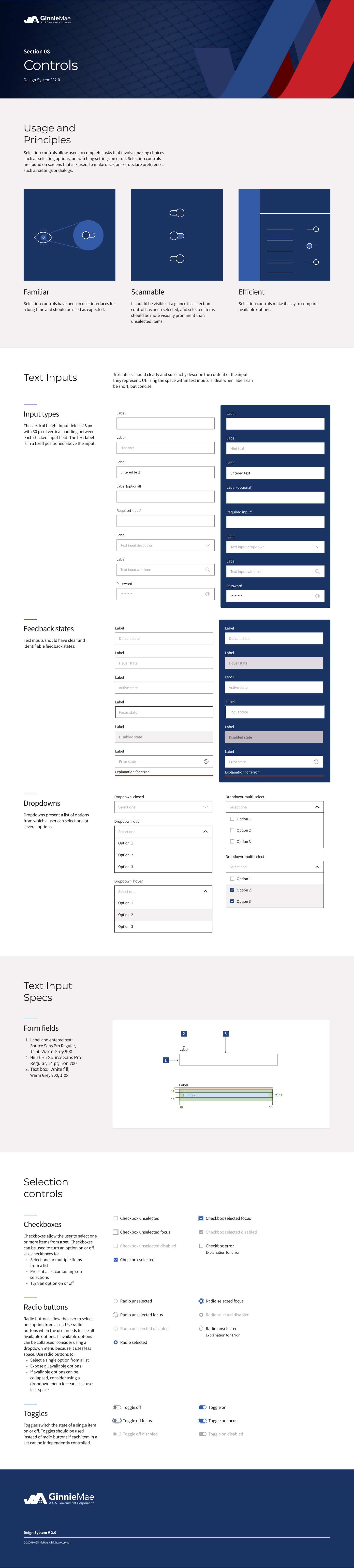 Section 05 Controls page from a technical guide, with diagrams and forms for display system settings, including controls, text inputs, feedback states, dropdowns, form fields, selection controls, radio buttons, and toggles.