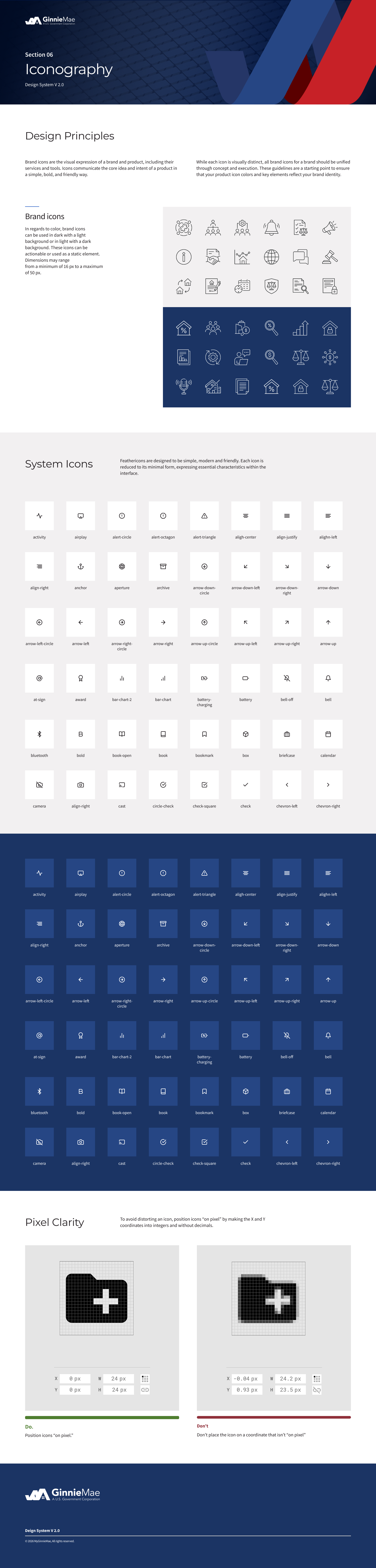 Page from a design system guide exploring iconography, including design principles, brand icons, system icons, and pixel clarity, with example icons and a pixel grid comparison.