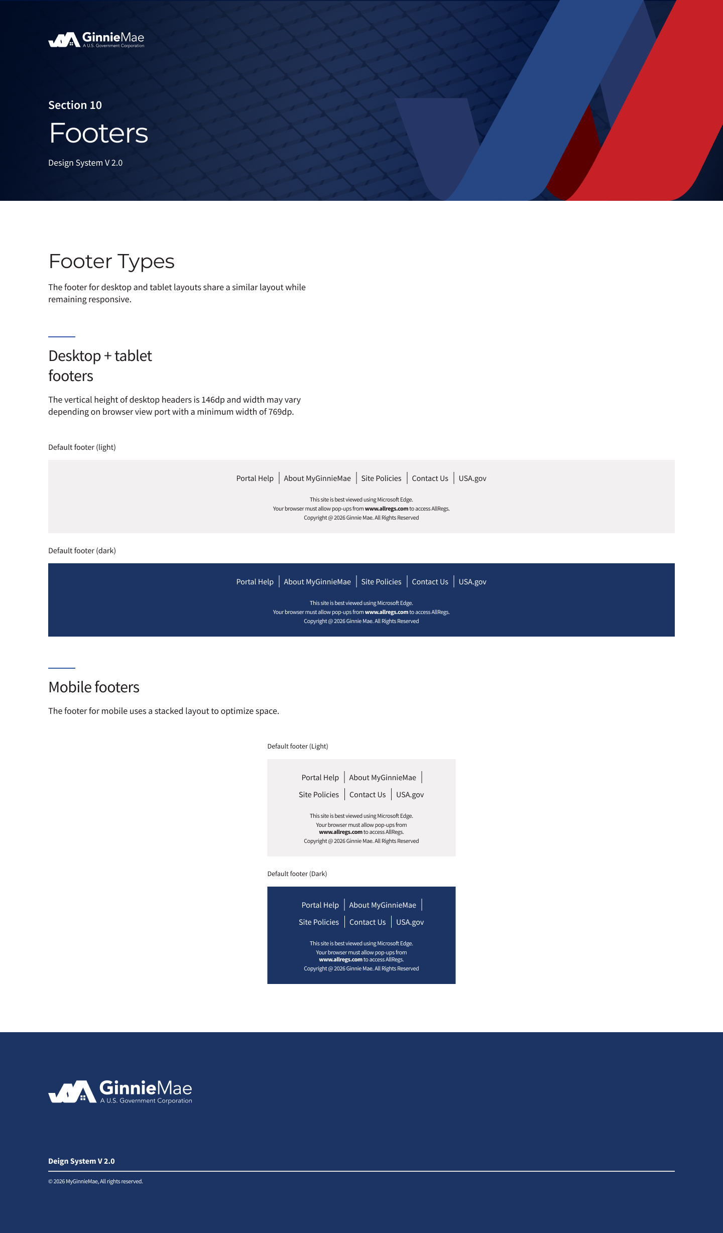 Screenshots of different footer designs for a webpage, showing various background colors, layout styles, and information sections, including links and legal notices.