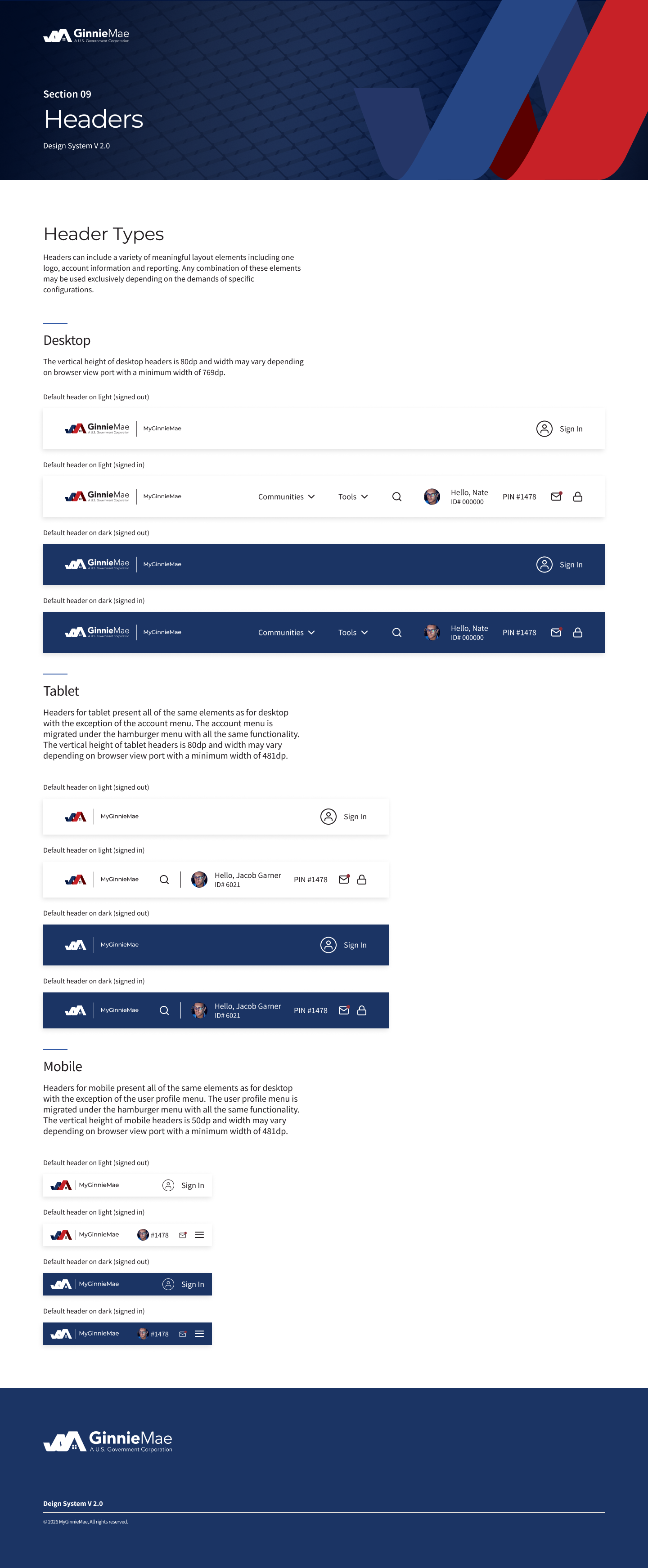 Design system guidelines for headers on desktop, tablet, and mobile views, showing different header styles with logo, navigation, and account info for Ginnie Mae.