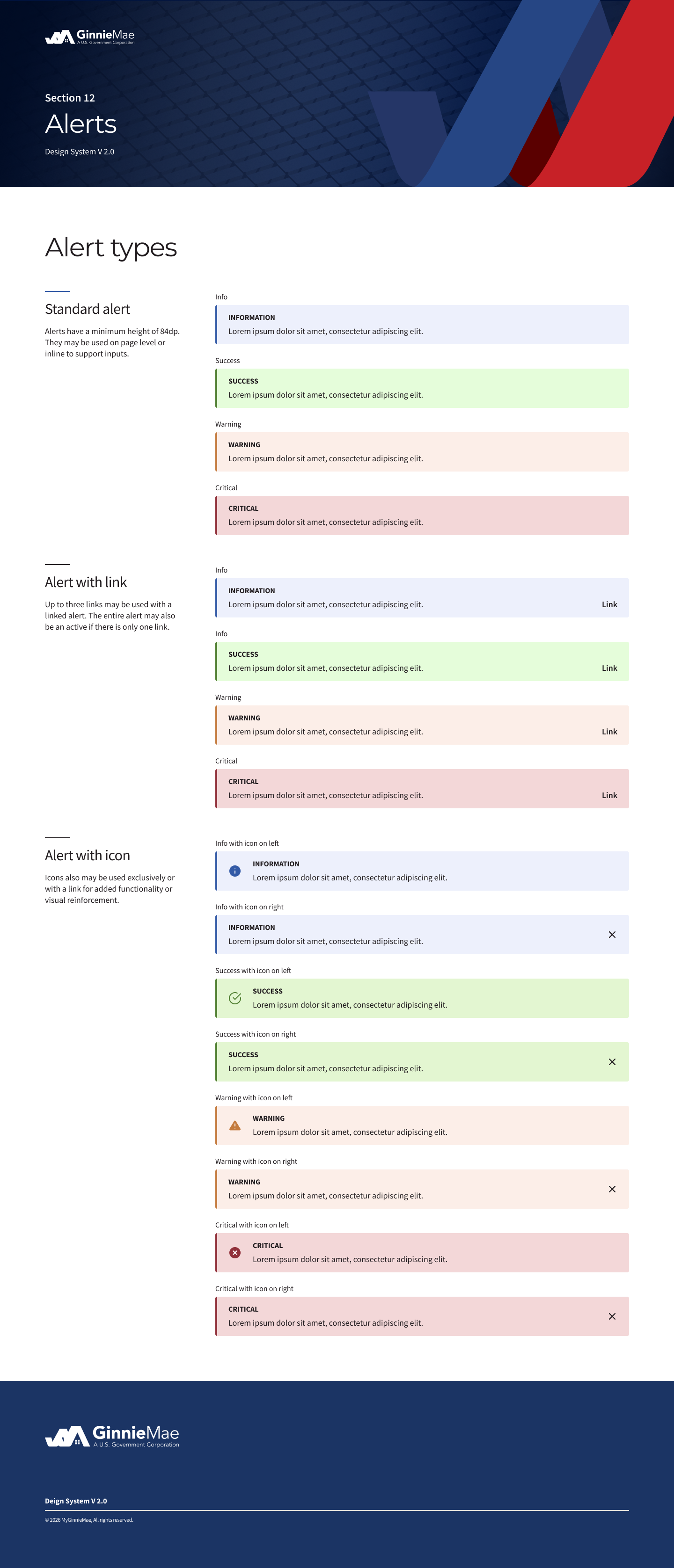A presentation slide titled 'Section 12 Alerts' from Ginnie Mae, illustrating different alert types, links, and icons with their descriptions and color codes, including standard alerts, alerts with links, and alerts with icons, with examples of success, warning, and critical alerts.