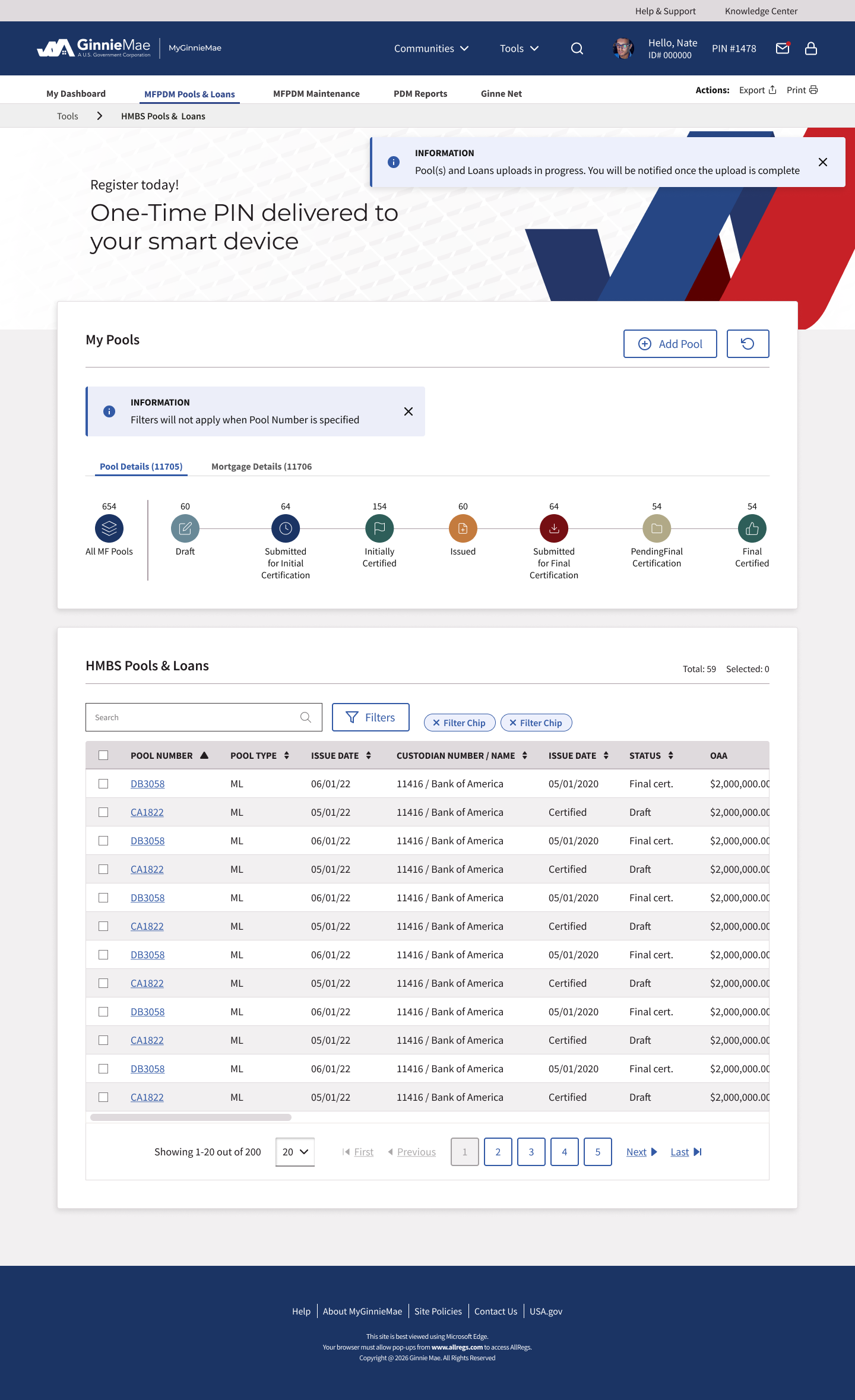 Screenshot of the Ginnie Mae online platform showing pools and loans details, including pool numbers, issue dates, and statuses, with navigation options and information messages.