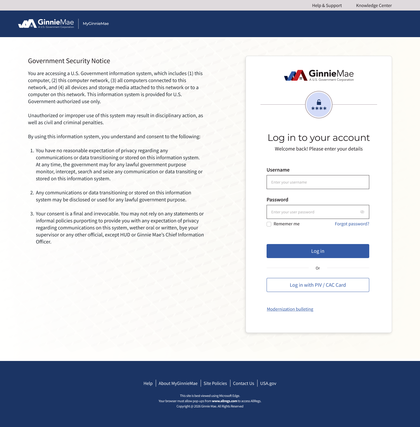 Online login page for Ginnie Mae, U.S. Government Corporation, with fields for username and password, and links for alternative login options and website navigation.