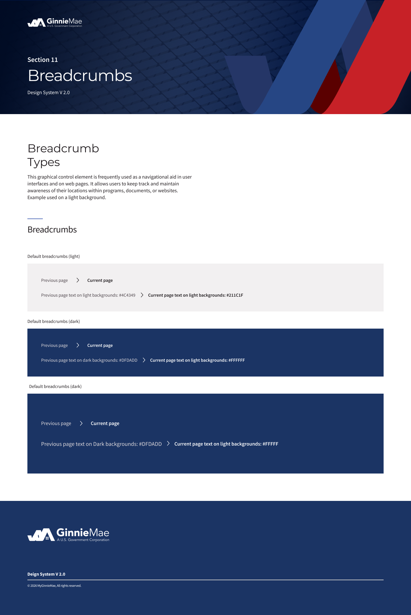 A presentation slide on breadcrumbs design system for Ginnie Mae, a U.S. Government Corporation, showing light and dark background styles with color codes and navigation examples, with the Ginnie Mae logo in the top left and bottom left corners.