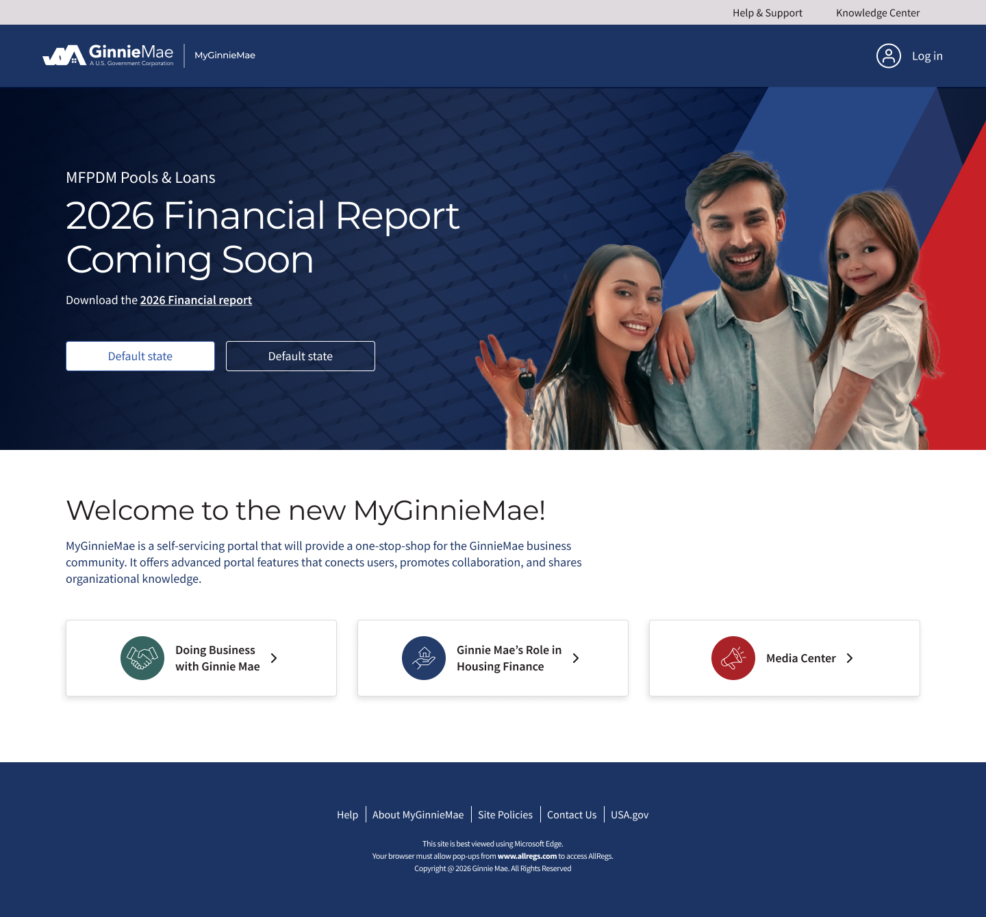 Screenshot of the Ginnie Mae website showing a banner for the 2026 Financial Report coming soon, with a family of three smiling and holding a set of keys. The webpage includes navigation options and introductory text welcoming users to the new MyGinnieMae portal.