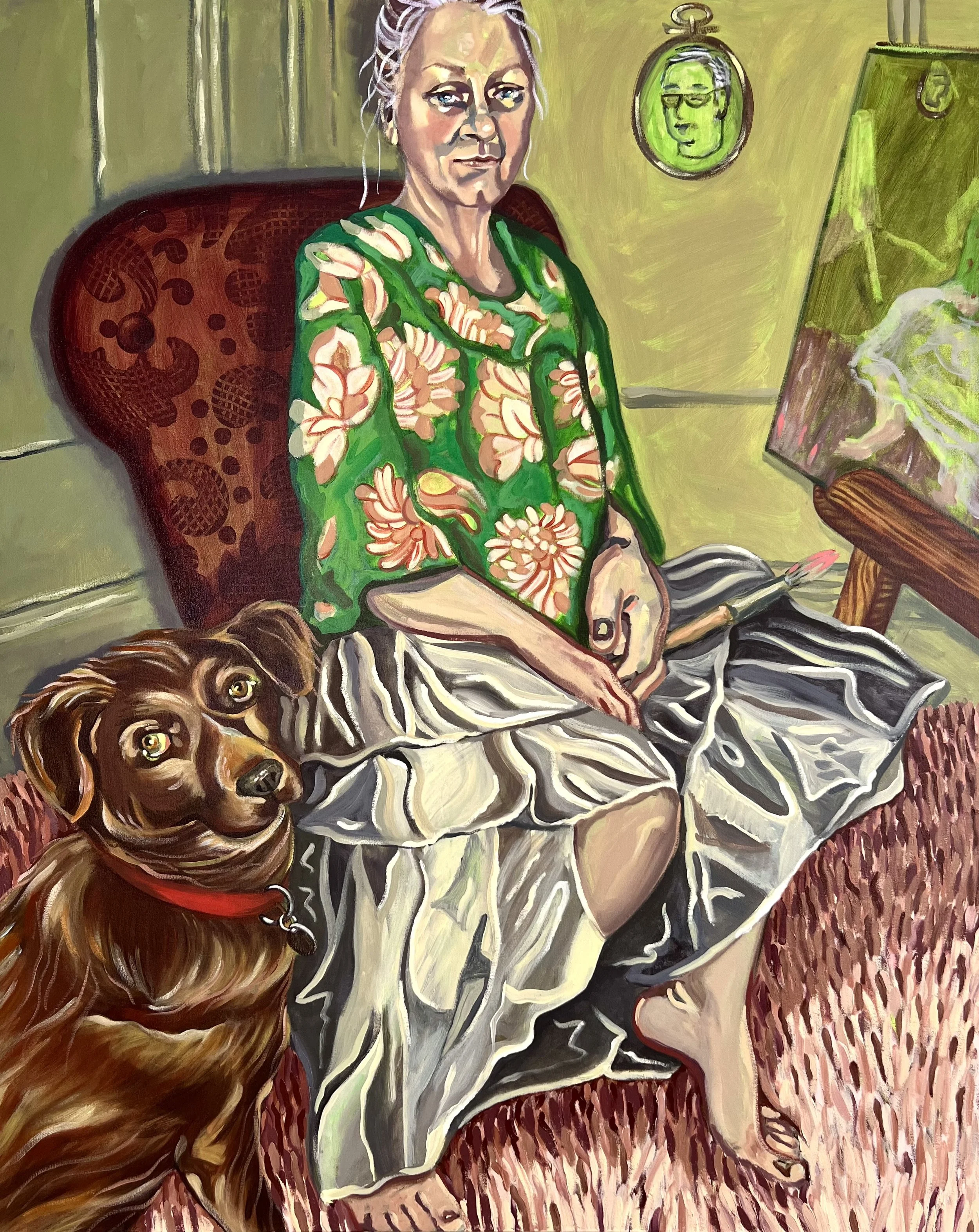 Self-Portrait with Reggie, 54" x 44", acrylic and oil on canvas, 2024.