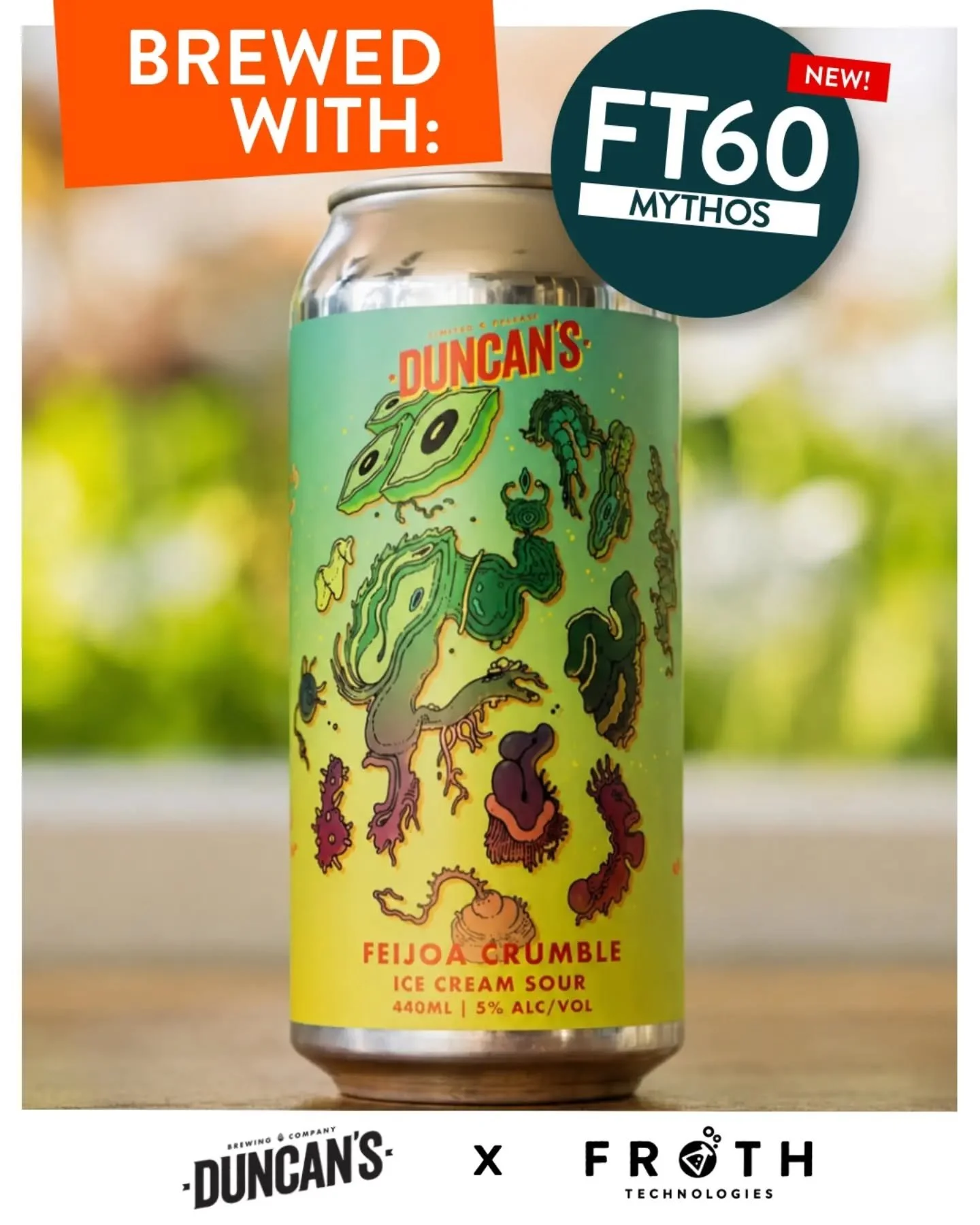 FEIJOA CRUMBLE - Ice Cream Sour (5% abv)
@duncansbrewing x @frothtech
Brewed with new yeast: MYTHOS | FT60 🔬

Feijoa, lactose, vanilla, and a dash of cinnamon. Feijoa Crumble baby, a true NZ pud!

🔬 Born from Norwegian farmhouse tradition and built