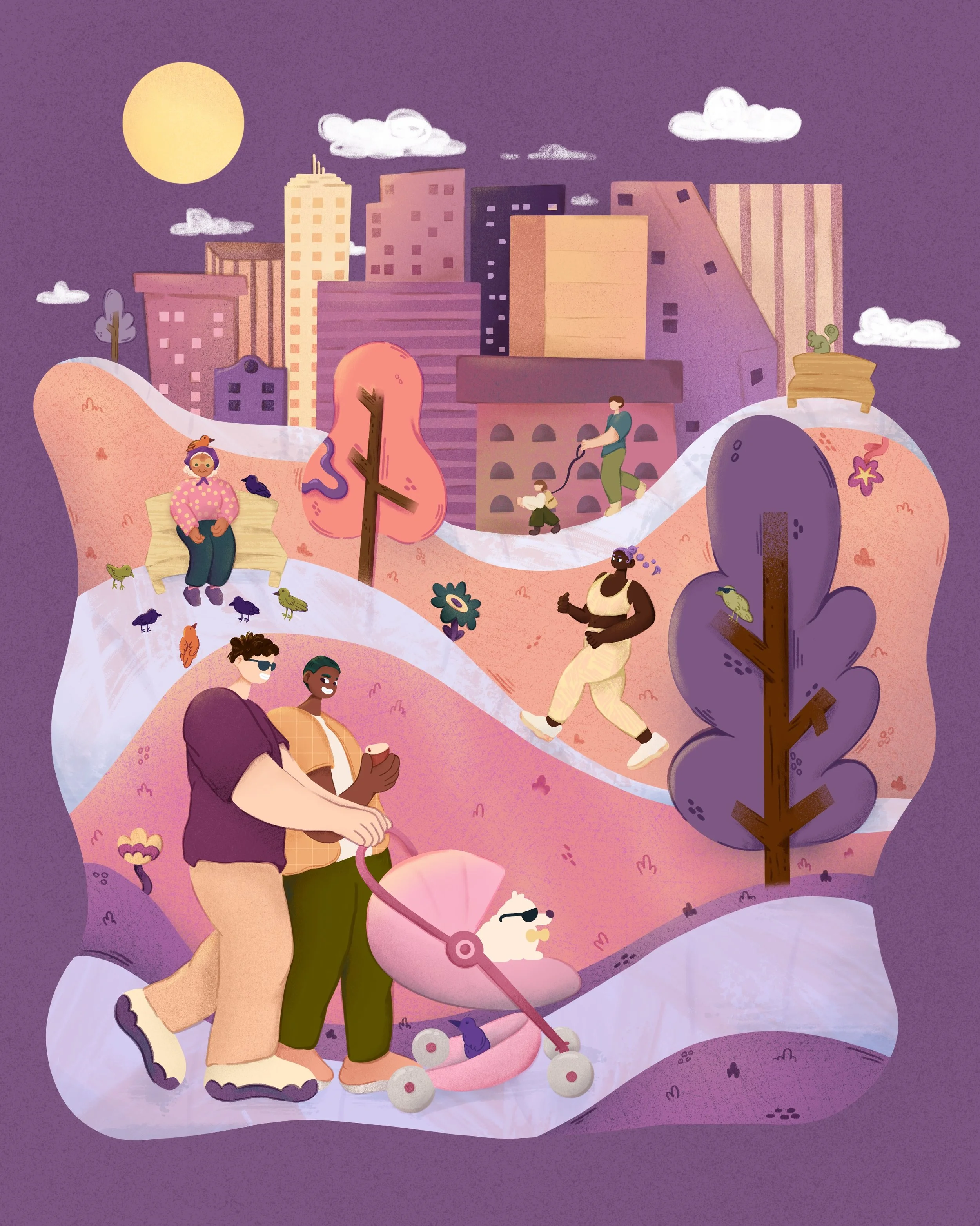 Illustration of a city skyline with colorful buildings and a purple sky, and a park with people walking, sitting, and playing among trees and flowers.