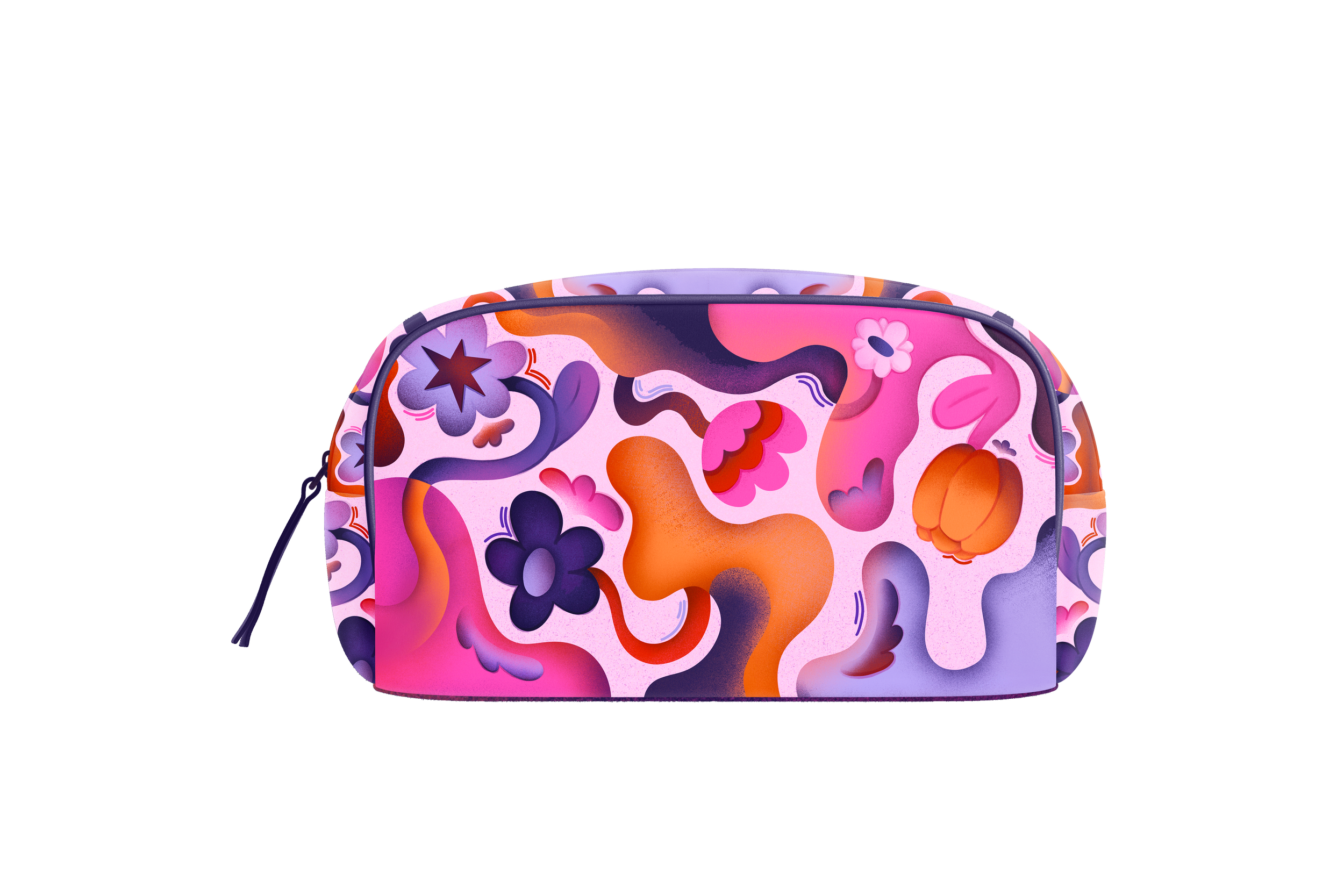 A colorful makeup bag with an abstract floral and swirl pattern in shades of pink, purple, orange, and black, featuring a zippered opening at the top.