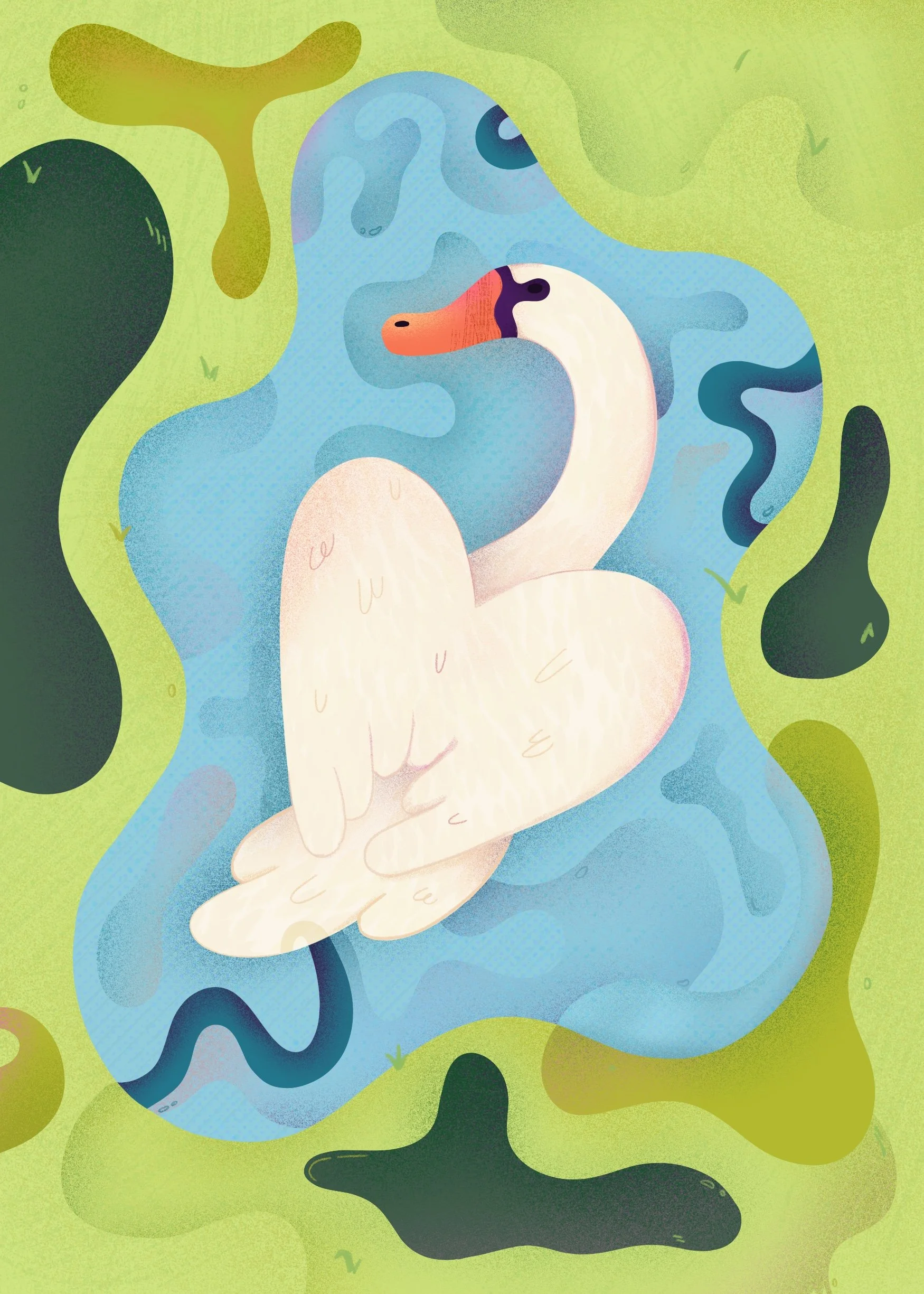An illustrated swan with a white body and orange beak swimming in a blue pond surrounded by green plants and abstract shapes.