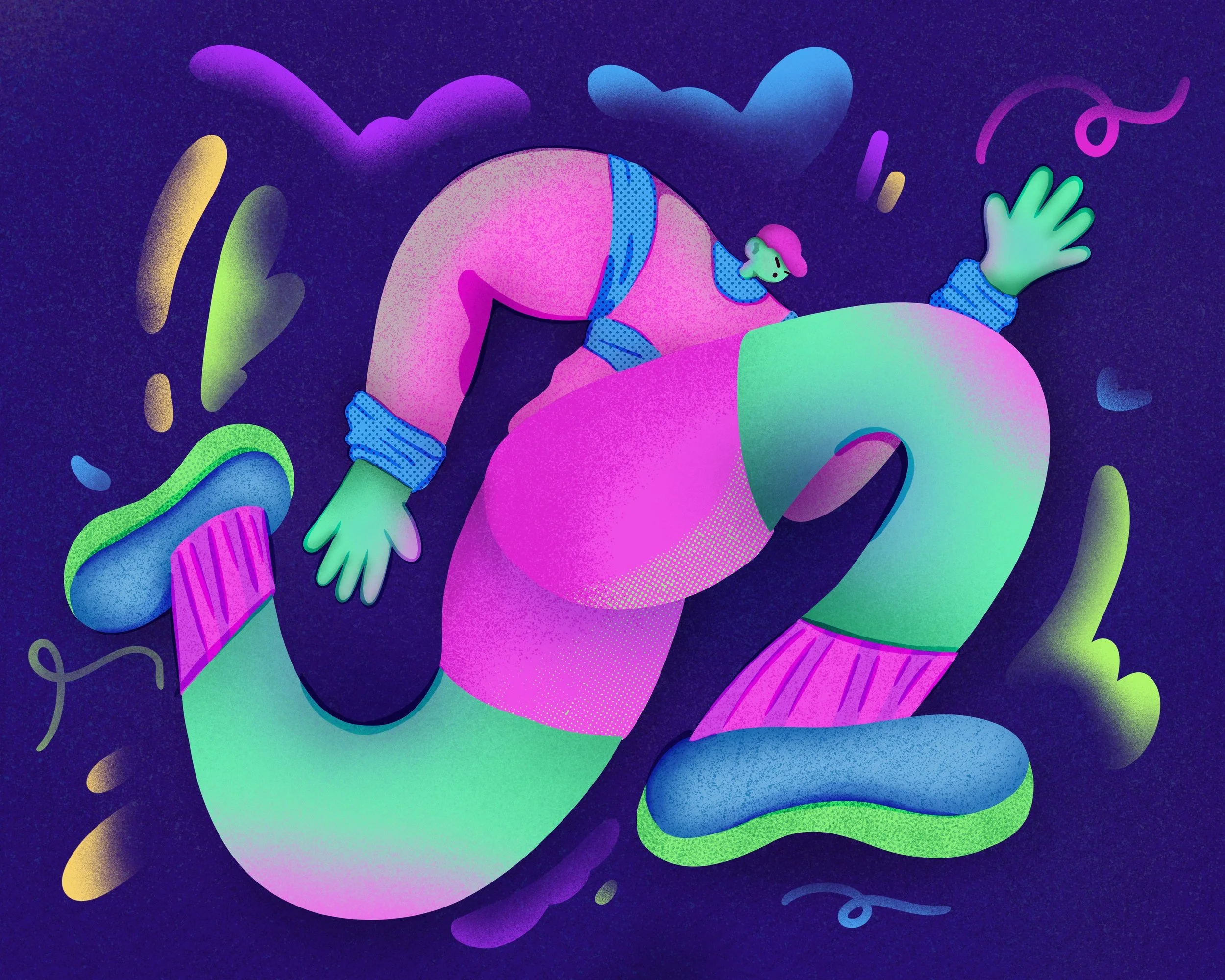 Stylized illustration with a figure running. The figure has bright teal skin and is wearing neon pink clothing. He is against a dark purple background and is surrounded by various abstract shapes that are light blue, light green, yellow, and pink