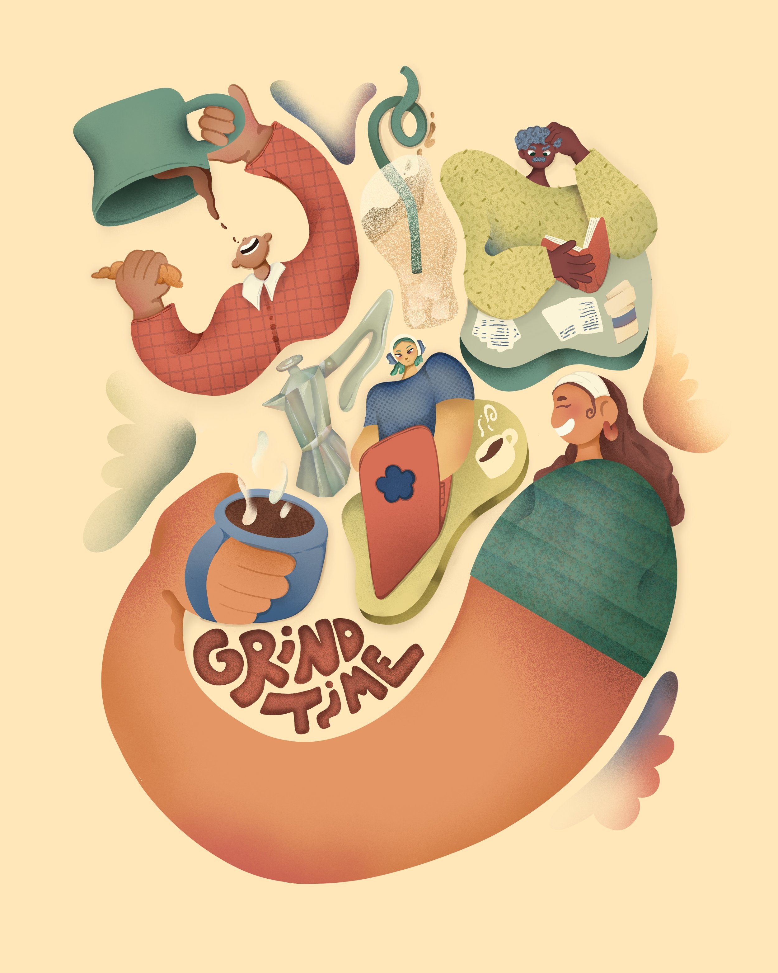 A stylized digital illustration of various figures drinking coffee.
