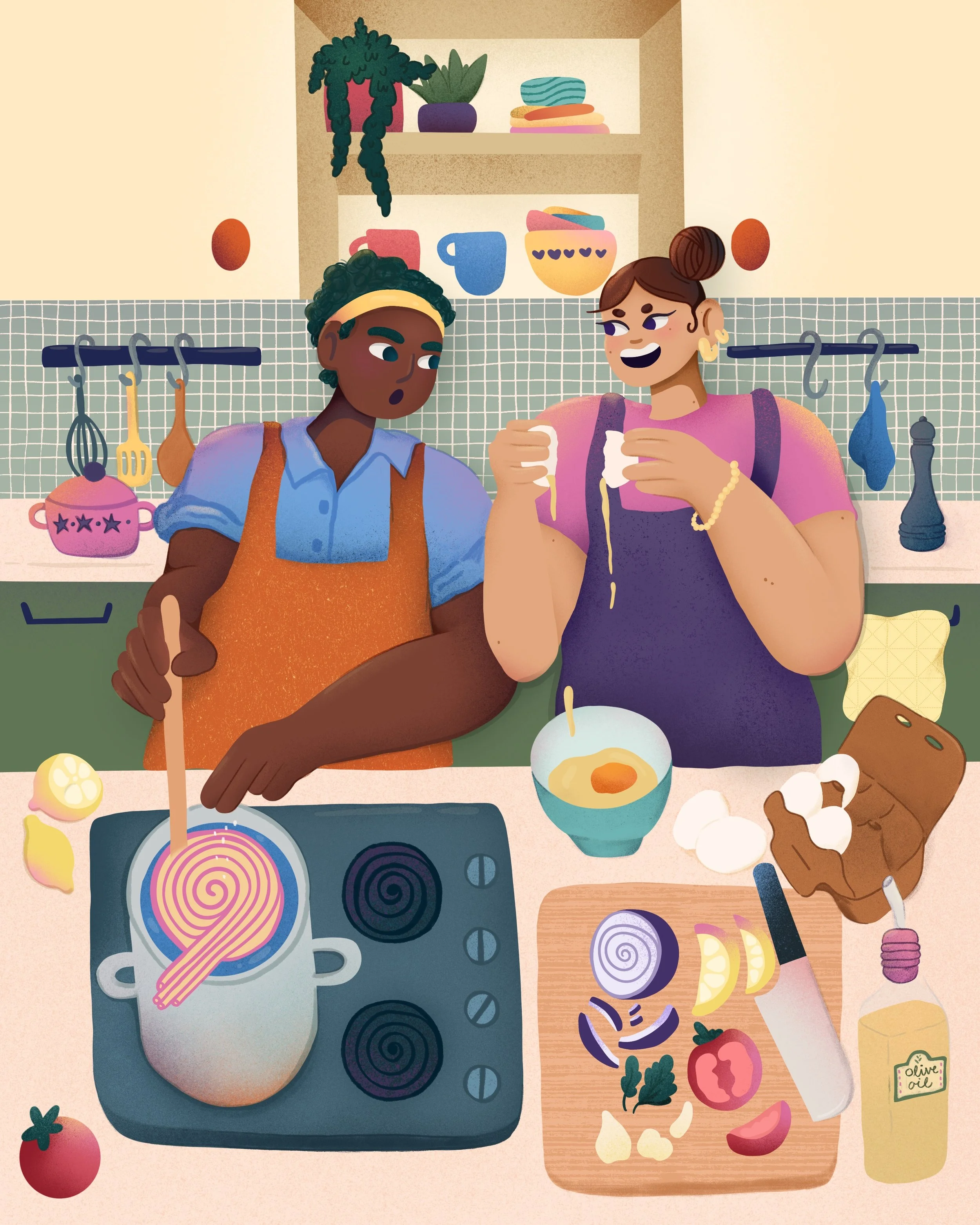 Illustration of two people in a kitchen, one with dark skin and curly hair wearing an orange apron, and one with light skin and brown hair in a bun wearing a purple apron. They are cooking noodles and vegetables.