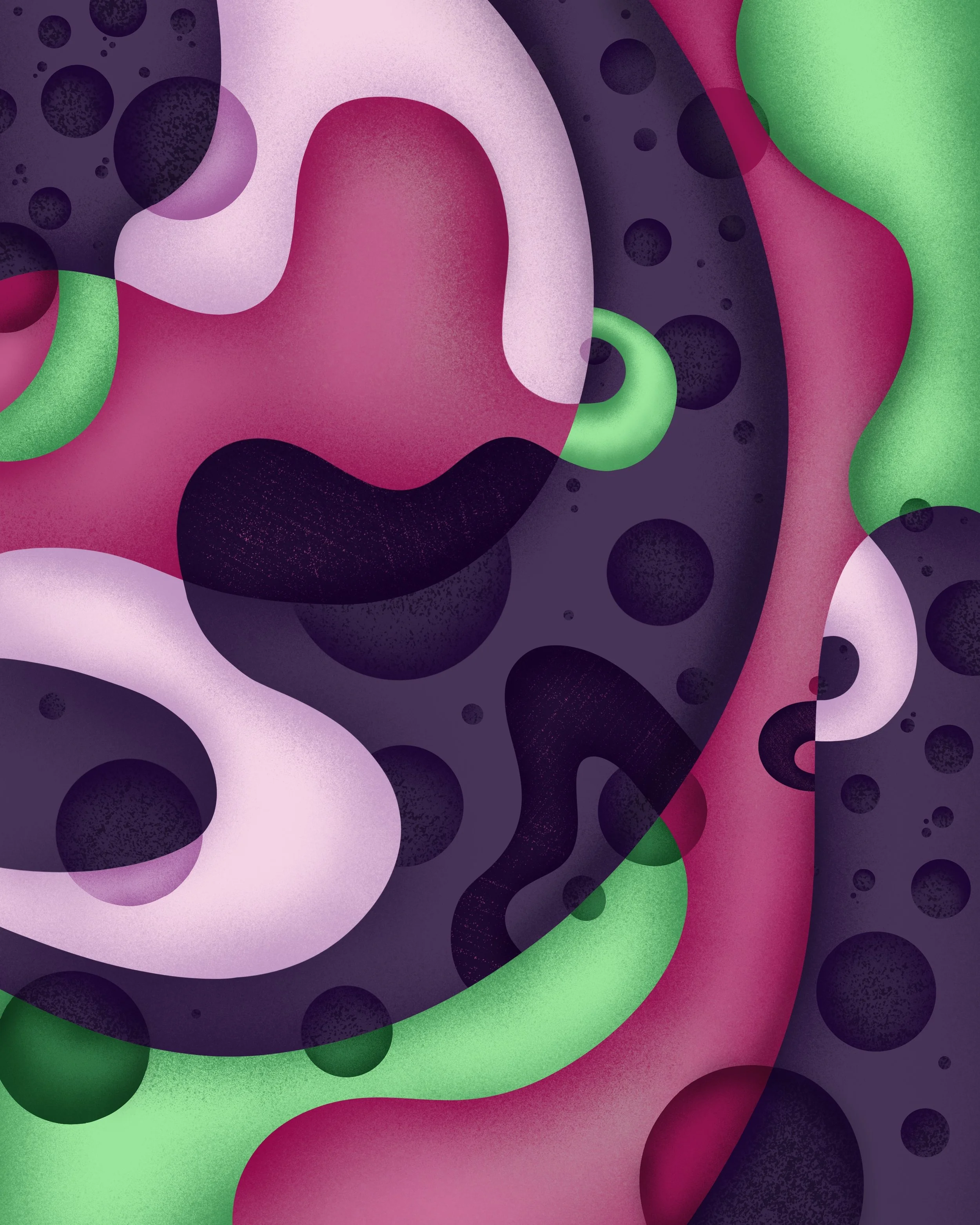 Abstract digital artwork featuring pink, green, purple, and black swirling shapes and patterns with various size and textured circles.