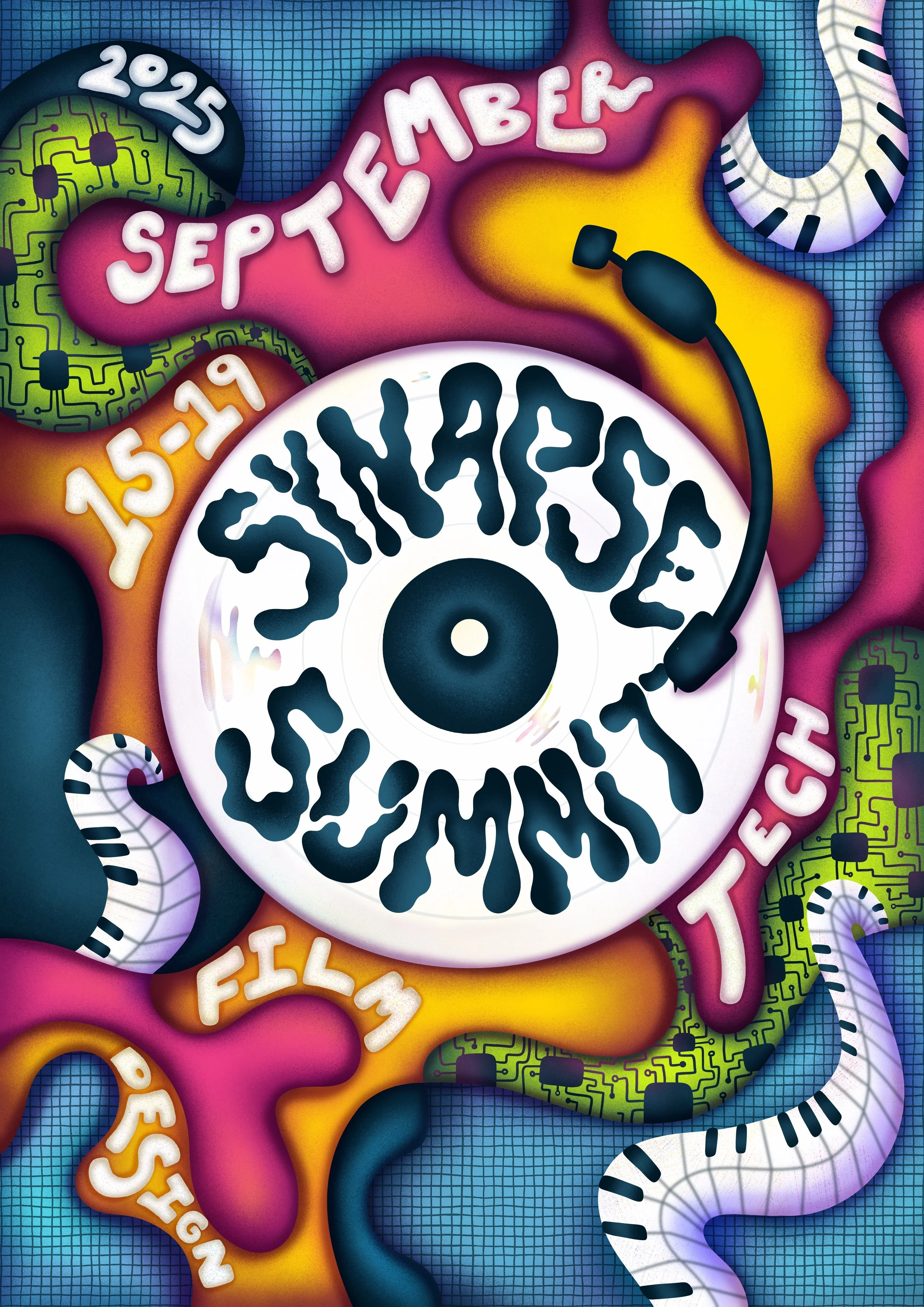 A music festival poster for a self-initiated project. In the center is a vinyl record with abstract lettering on top reading " synapse summit" it is surrounded by abstract shapes varying in color as well as abstract piano keys. 