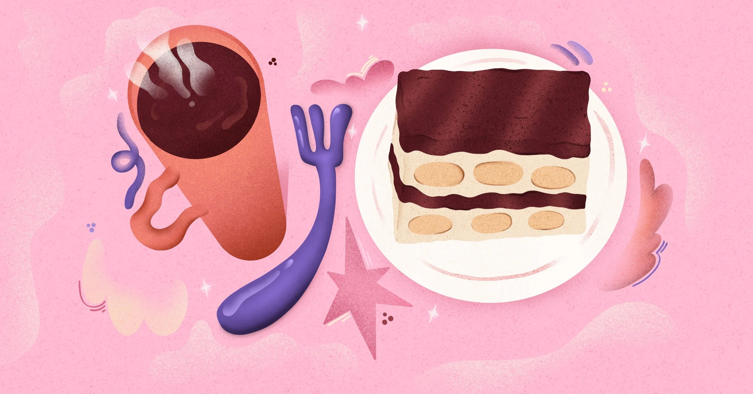 A stylized illustration of a hot coffee and tiramisu against a light pink background. Between the coffee and tiramisu is a large, bendy purple fork. 