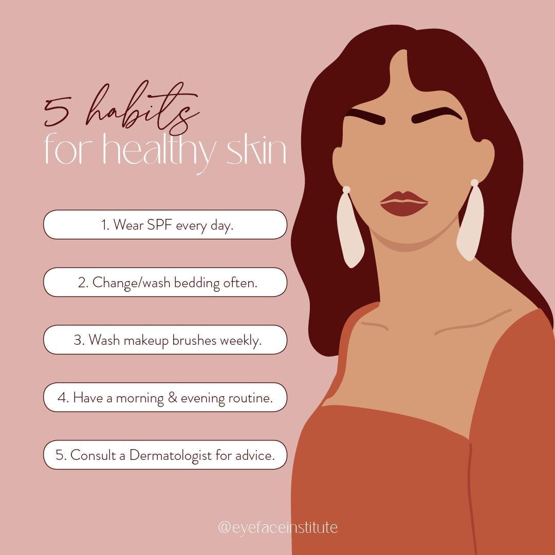 Your skin care is an ongoing journey and we're here to help you in any way we can.👋⠀
⠀
A few great habits to help achieve your healthiest skin include:⠀
⠀
&bull; Wearing your SPF every day (even when it's cloudy). 
&bull; Changing and washing your b