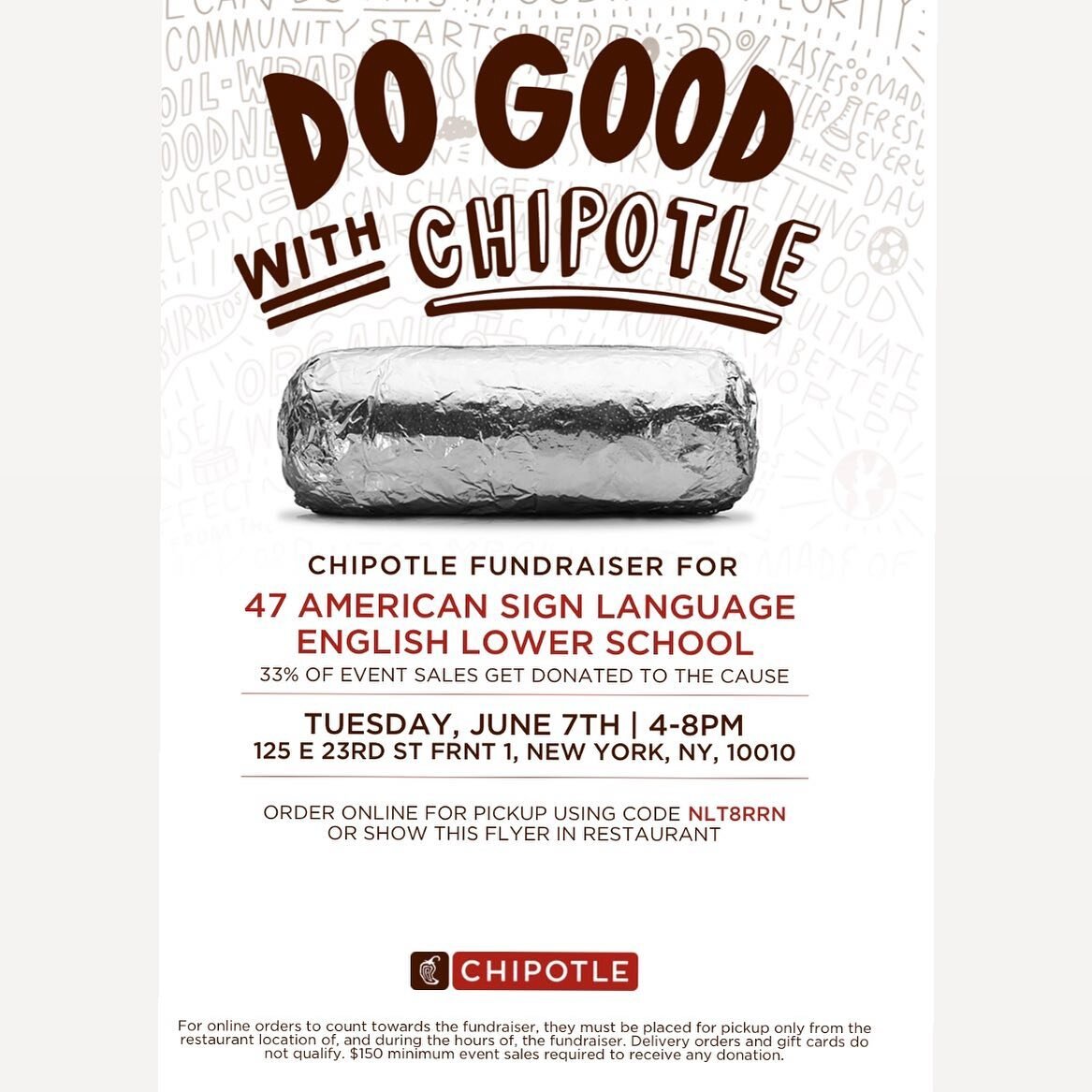 Excited for our Chipotle fundraiser! Tuesday, June 7, 4-8PM. 125 East 23rd Street. Hope to see you there!