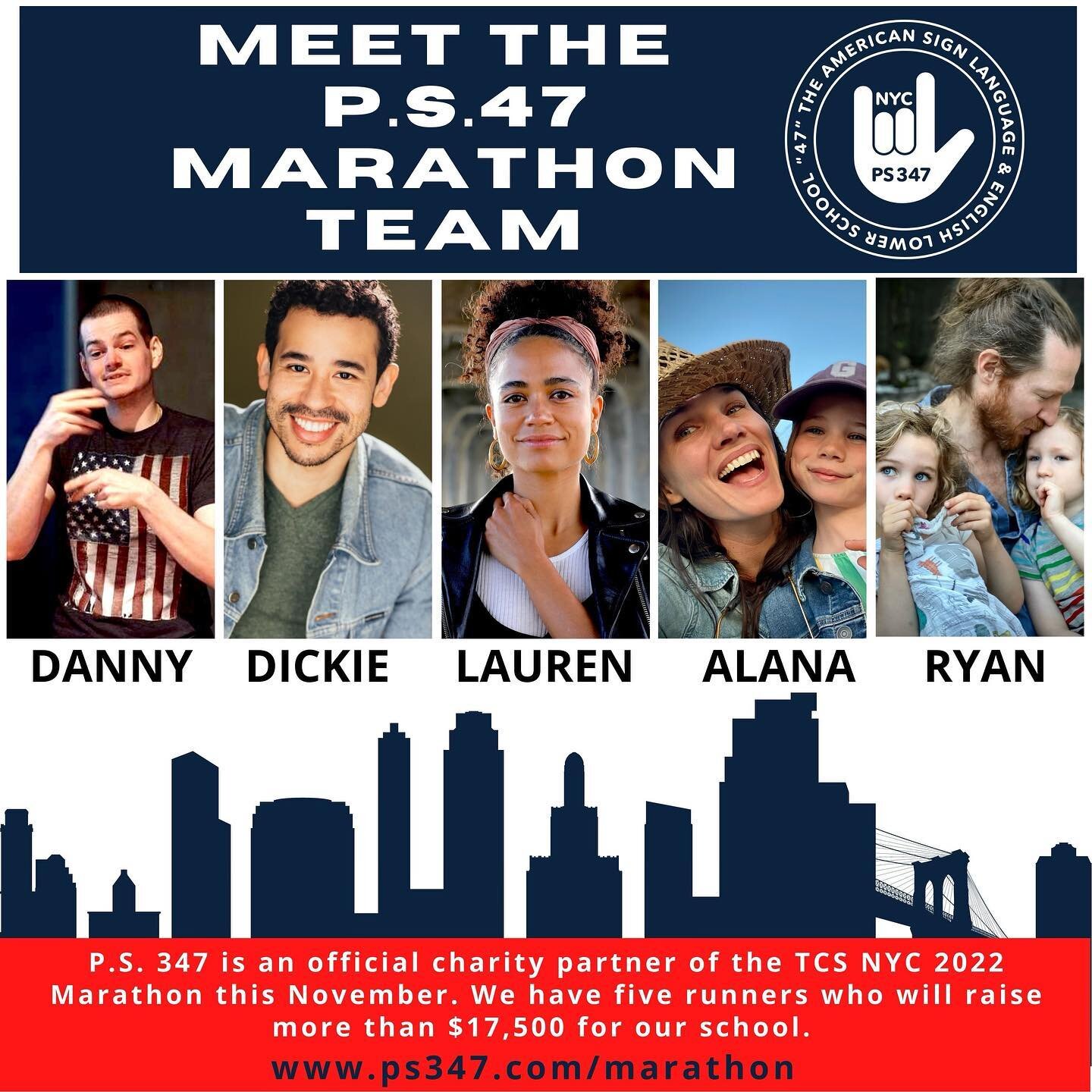 MEET THE P.S. 347 MARATHON TEAM!

P.S. 347 is an official charity partner for the TCS NYC 2022 Marathon. We have five runners who together will raise at least $17,500 for our school! 

LAUREN RIDLOFF
Deaf Actor, Mom, Former PS347 Teacher

DICKIE HEAR