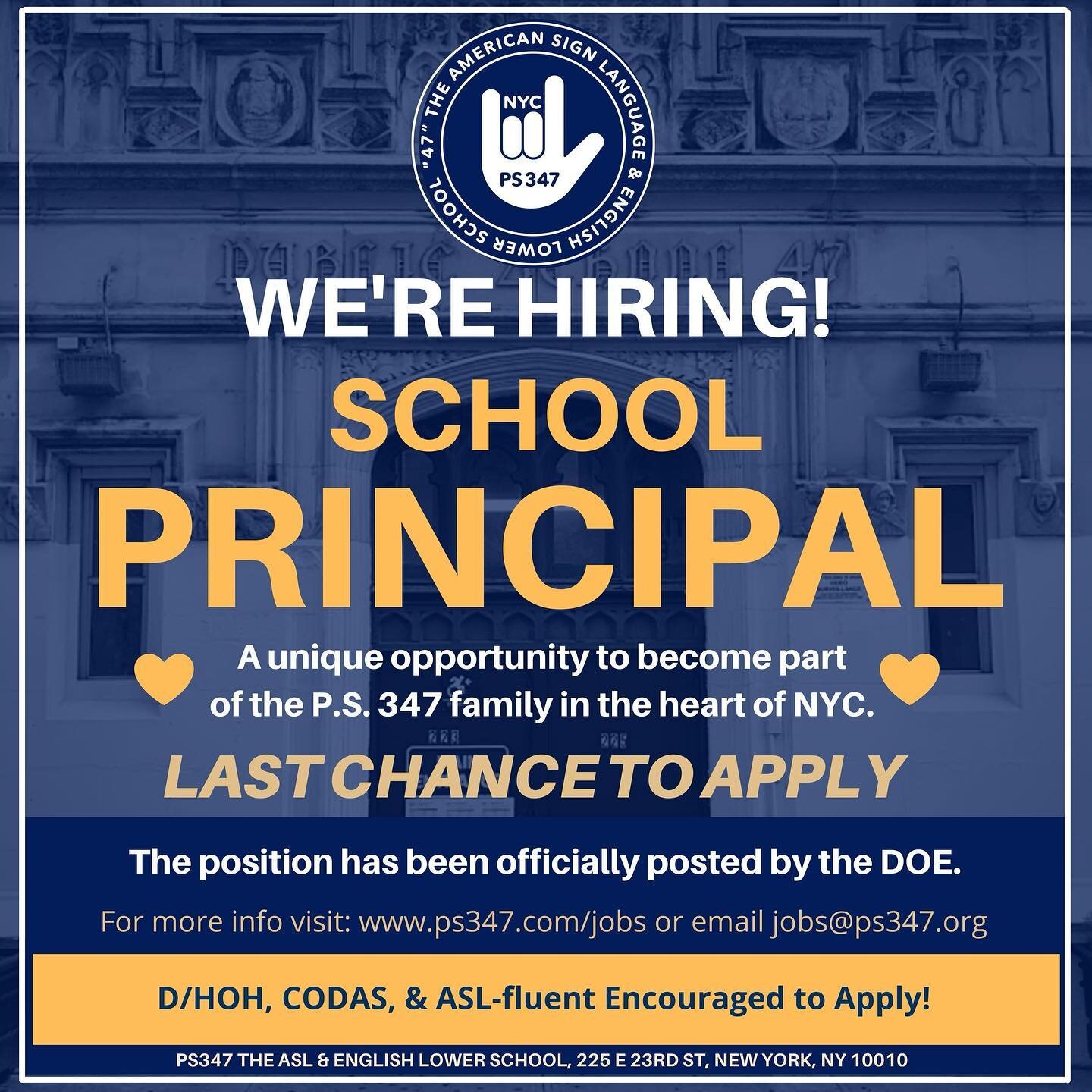 It&rsquo;s official: we are hiring a new principal! The DOE has posted the position online. We are looking for an amazing new principal starting this fall 2022. It&rsquo;s an incredible opportunity to lead a one-of-a-kind bilingual, bicultural school
