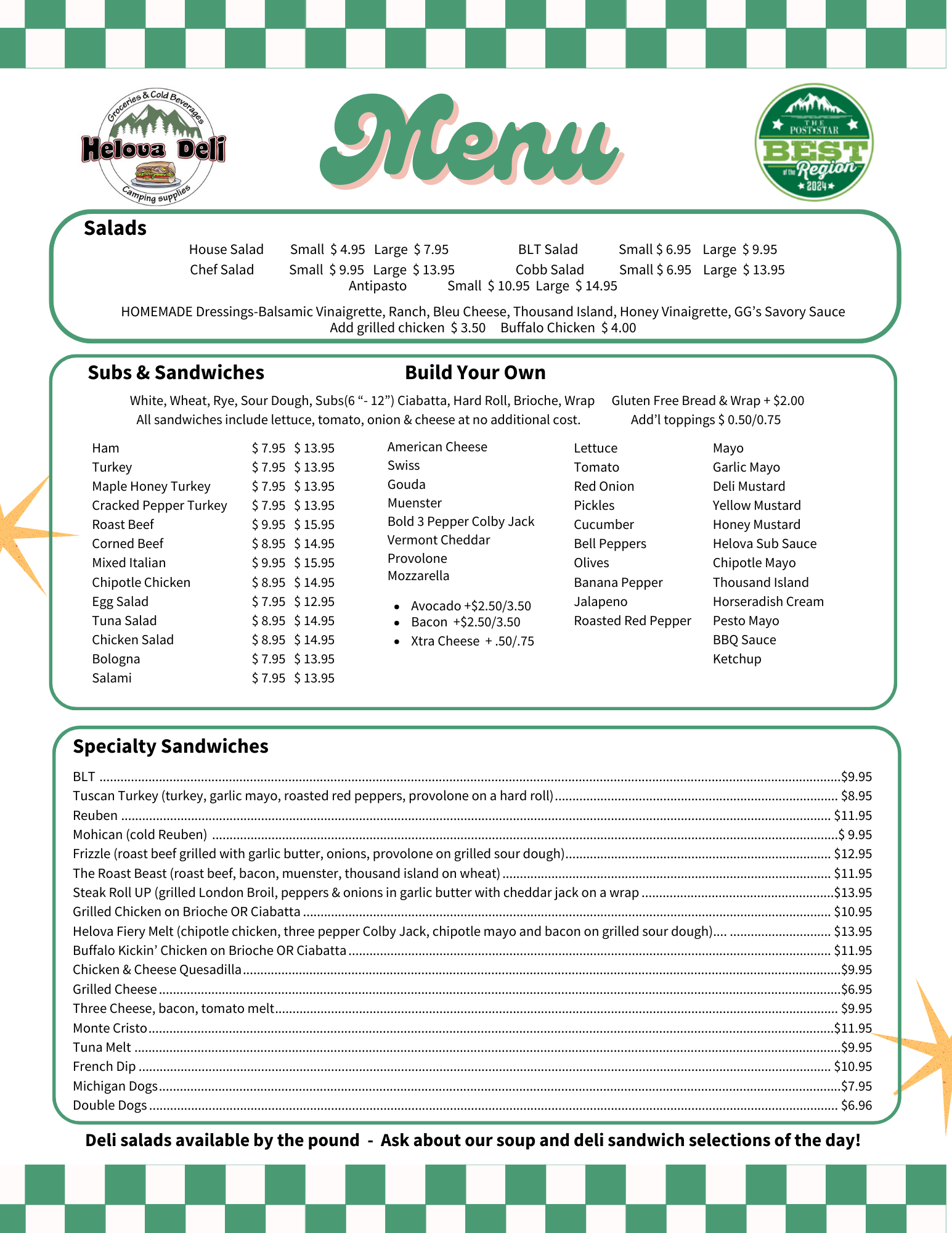 Menu from a deli featuring salads, build your own sandwiches, and specialty sandwiches, with prices and options listed.