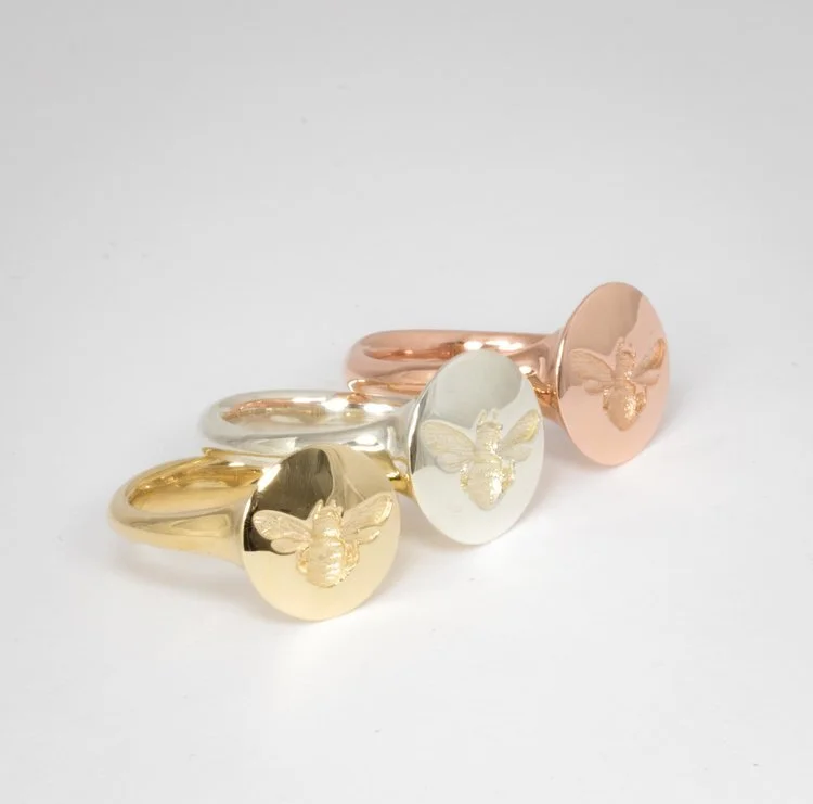  9ct yellow, rose and white gold bee motif seal rings. Made in Chichester, England. 