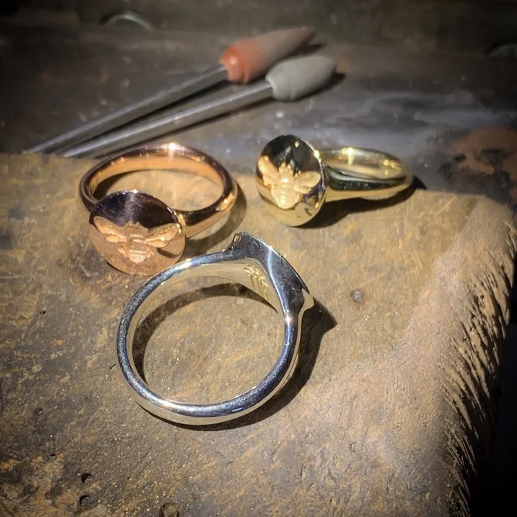  9ct yellow, rose and white gold bee motif seal rings. Made in Chichester, England. 