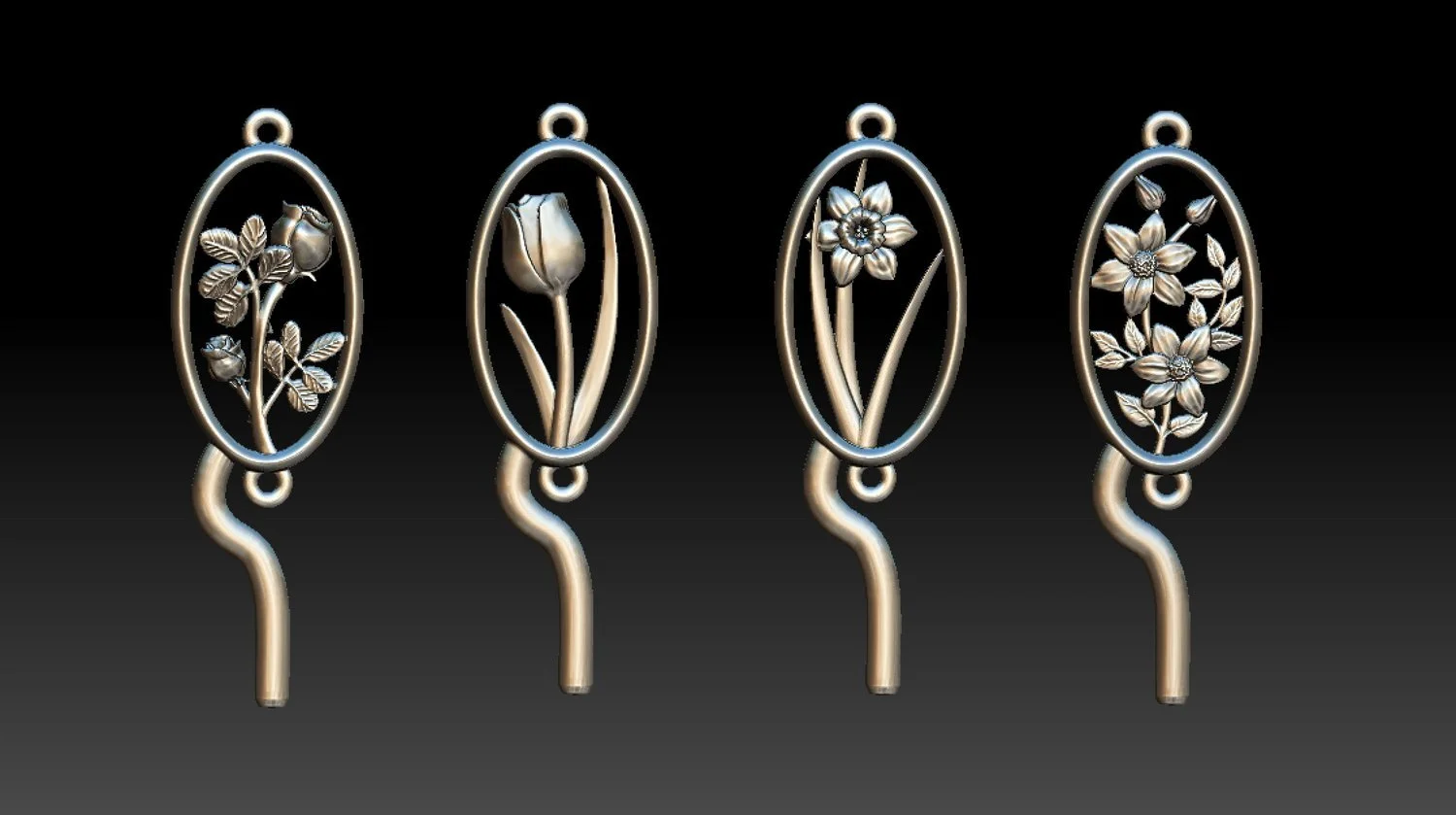 The four finished 3d modelled flower links with rings attached and βspruesβ attached, used for feeding the molten gold into the moulds.