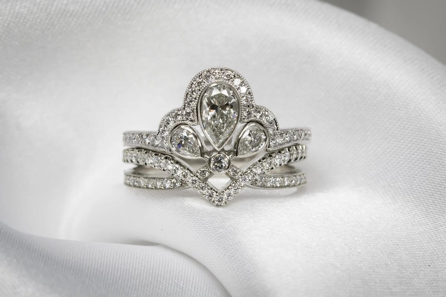 Both diamond and platinum rings fitting perfectly together.