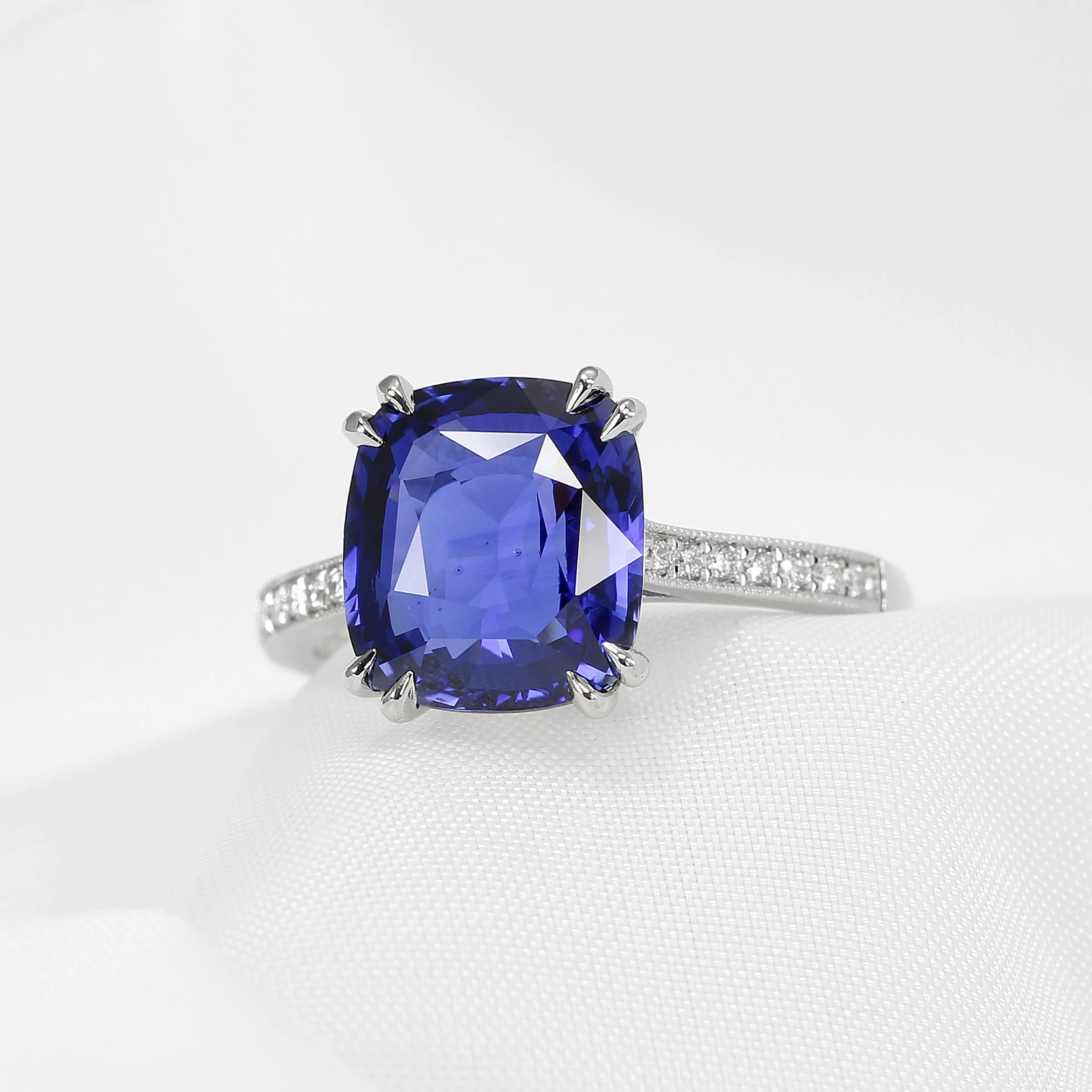   Cushion Cut Blue Sapphire & Grain Set Diamond Ring  