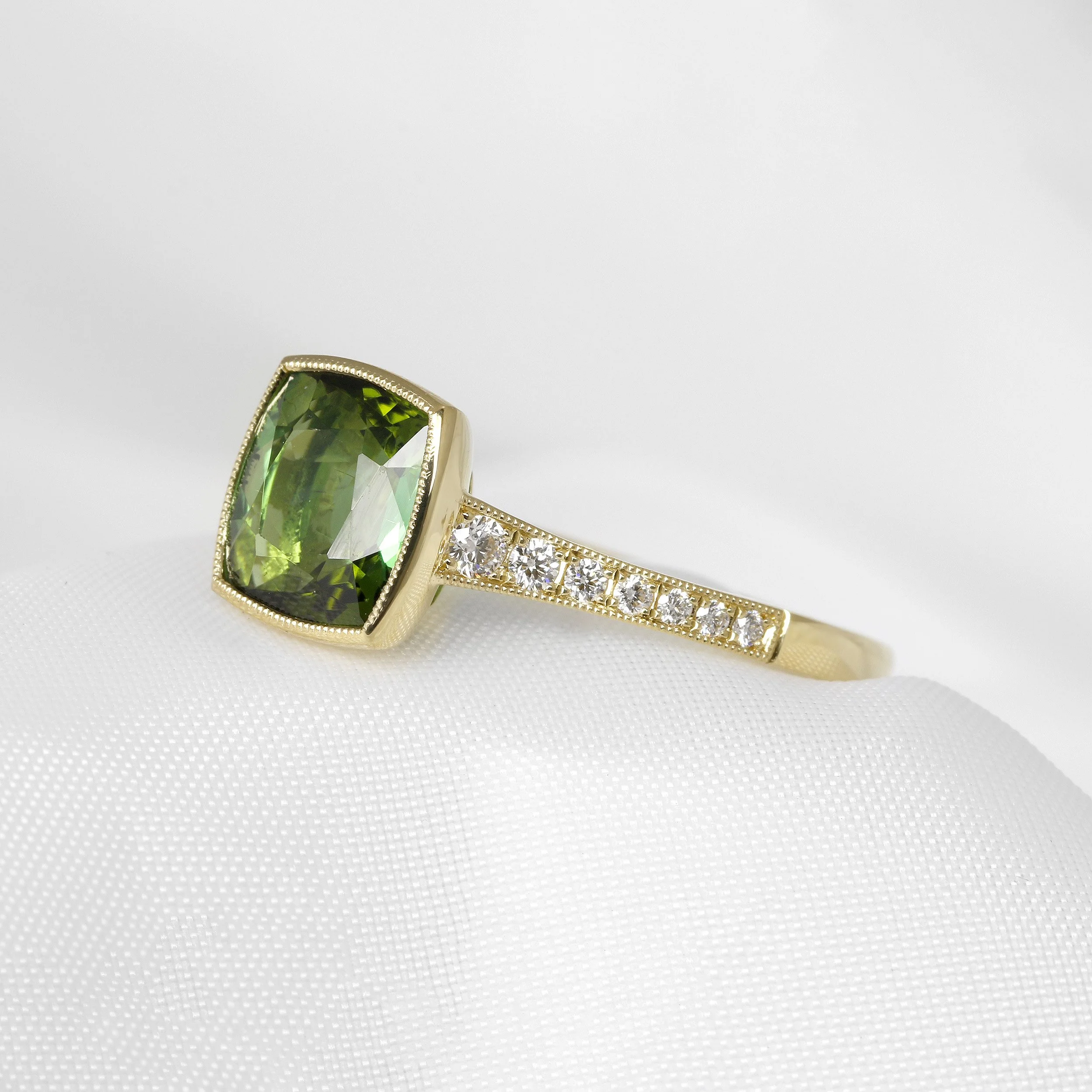 Cushion Green Tourmaline Ring with Diamonds in Yellow Gold — Timothy