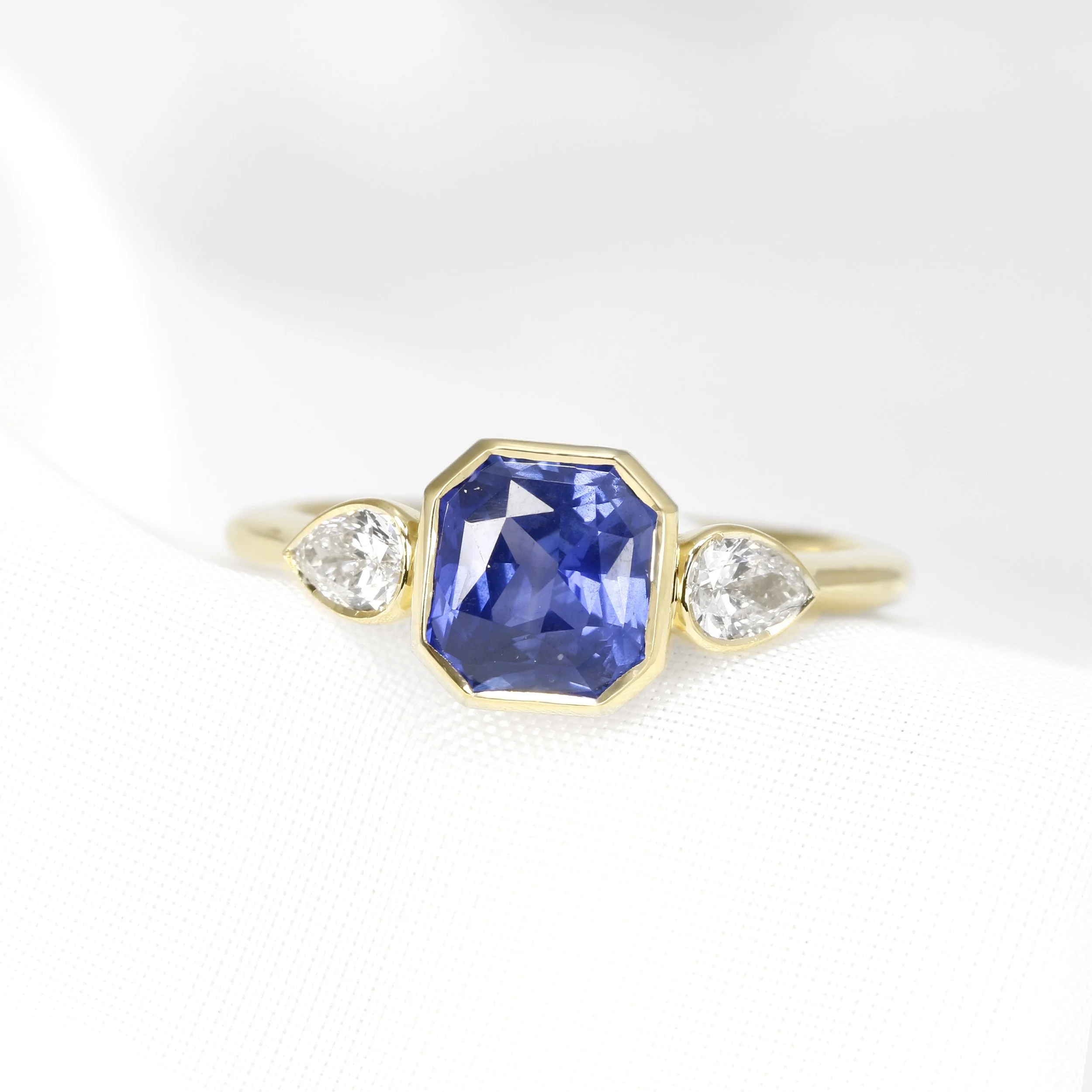  Octagonal Blue Sapphire & Pear Shape Diamond Ring in Yellow Gold £2,575.00 