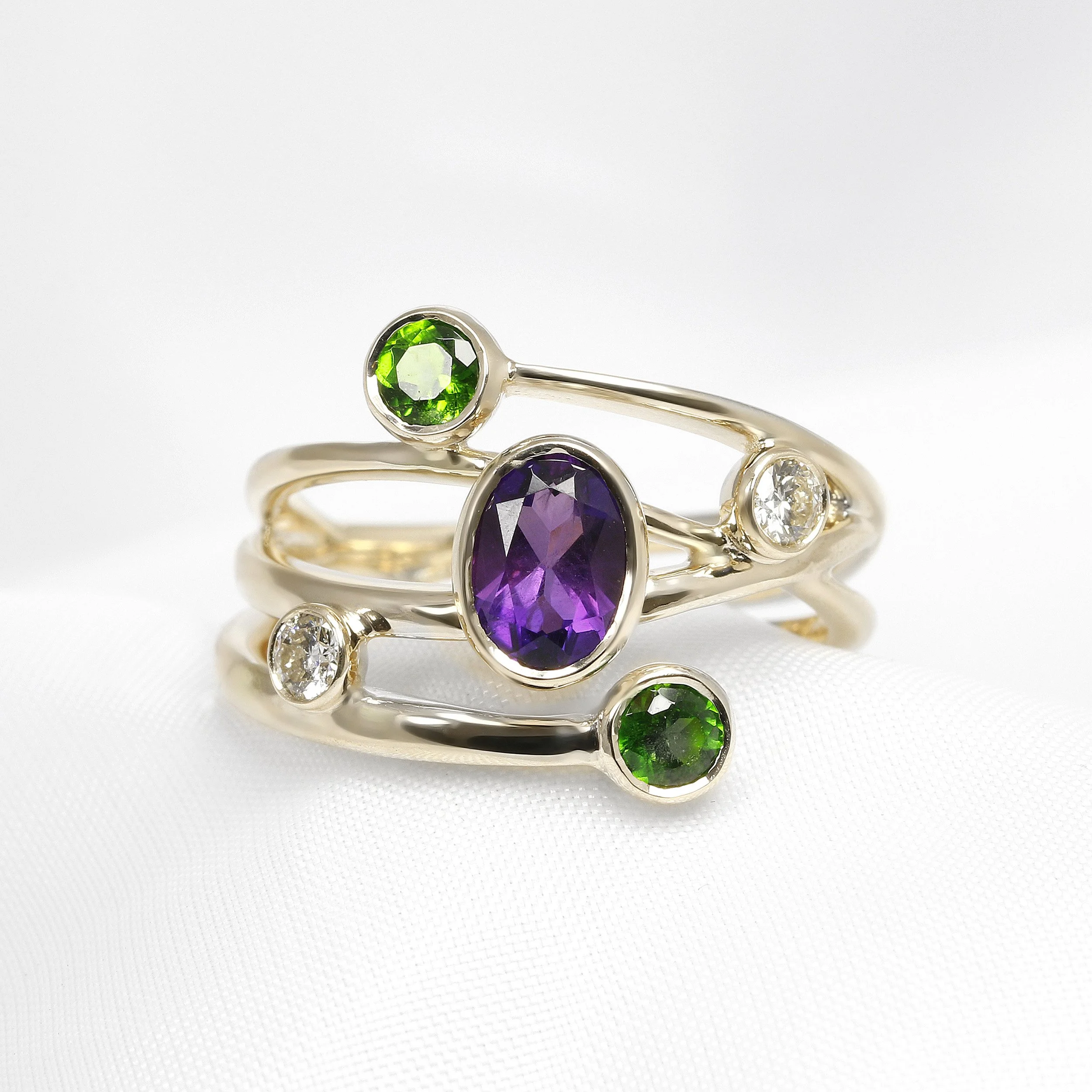  For our Bewitching Ladies: Chrome Diopside, Amethyst & Diamond Ring in 9ct Yellow Gold £1,650.00 