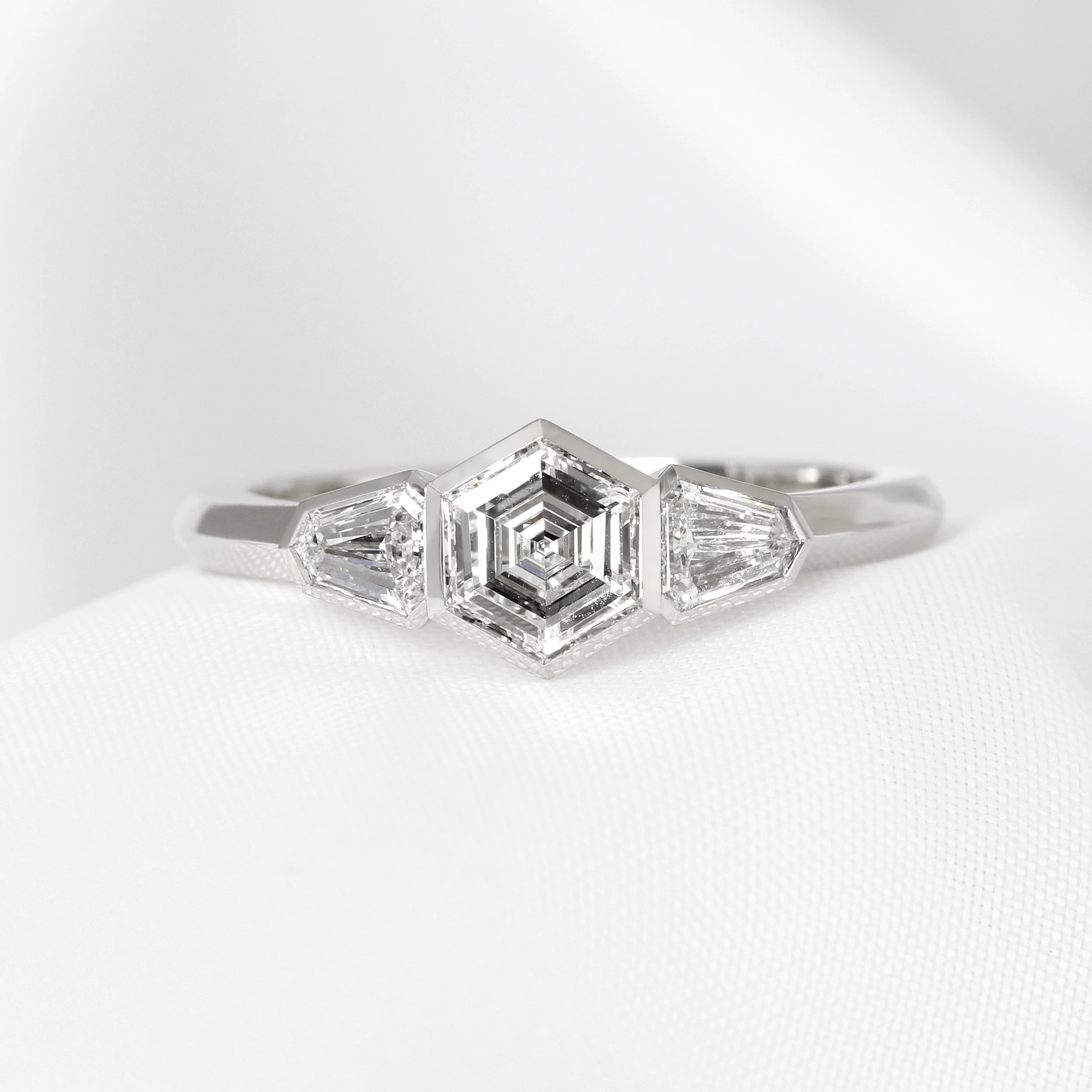  Diamond Ring in Platinum: Centre Hexagonal Diamond with Two Shield Cut Diamonds Completed for Stock and Sold in 2023 