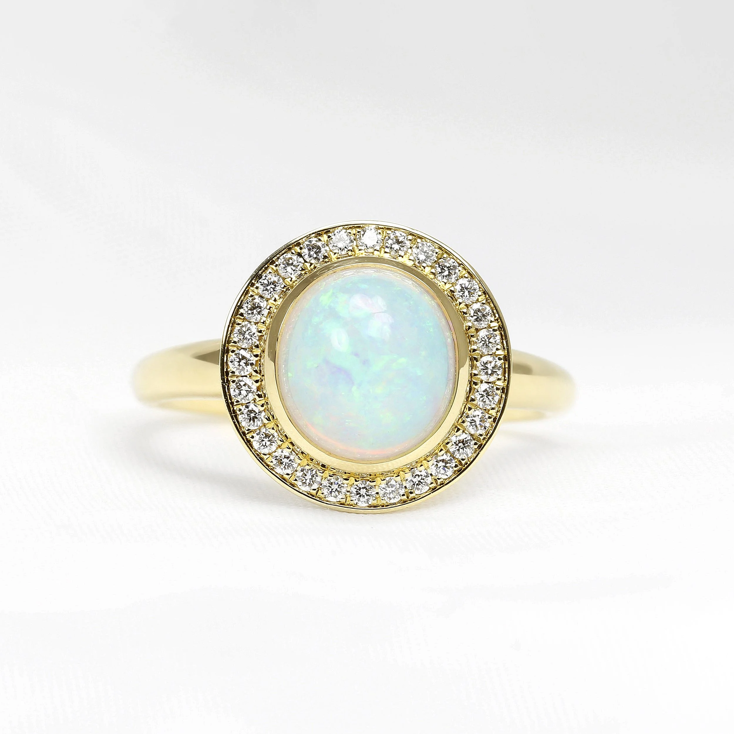  Timothy Roe Australian Opal & Diamond Halo Cluster in 9ct Yellow Gold £2,150.00 