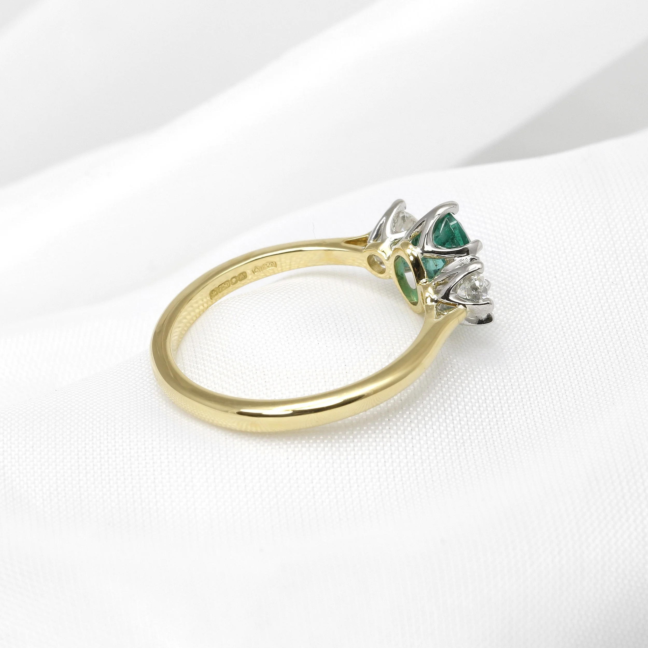Oval Emerald and Diamond Three Stone Ring in Yellow Gold and Platinum