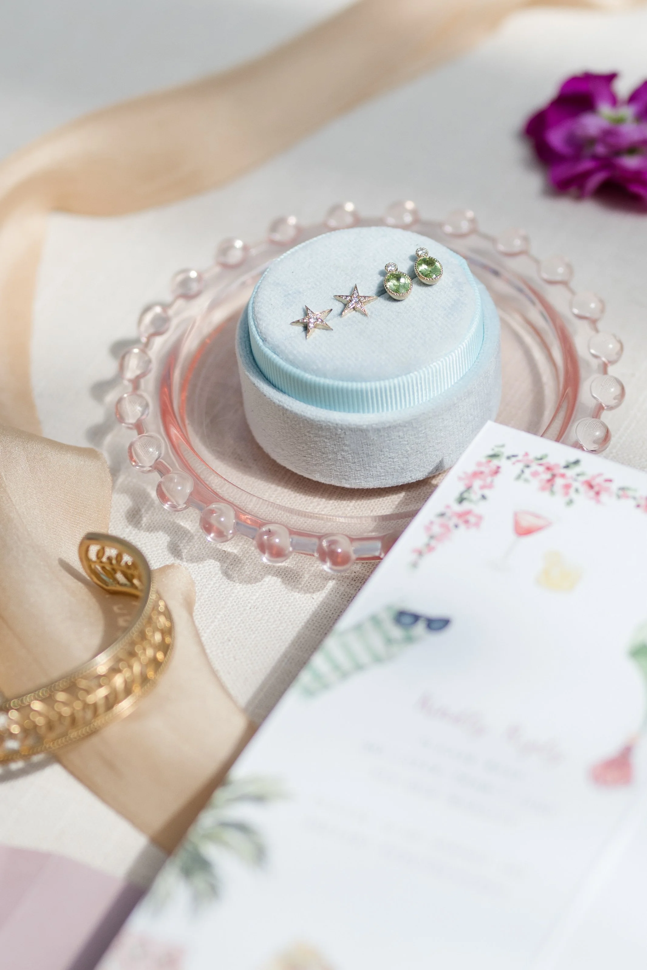 Summer Garden Party Inspired Earrings Diamond Star Stud Earrings in Yellow Gold £575.00 and Peridot & Diamond Jardin Des Délices Earrings £450.00