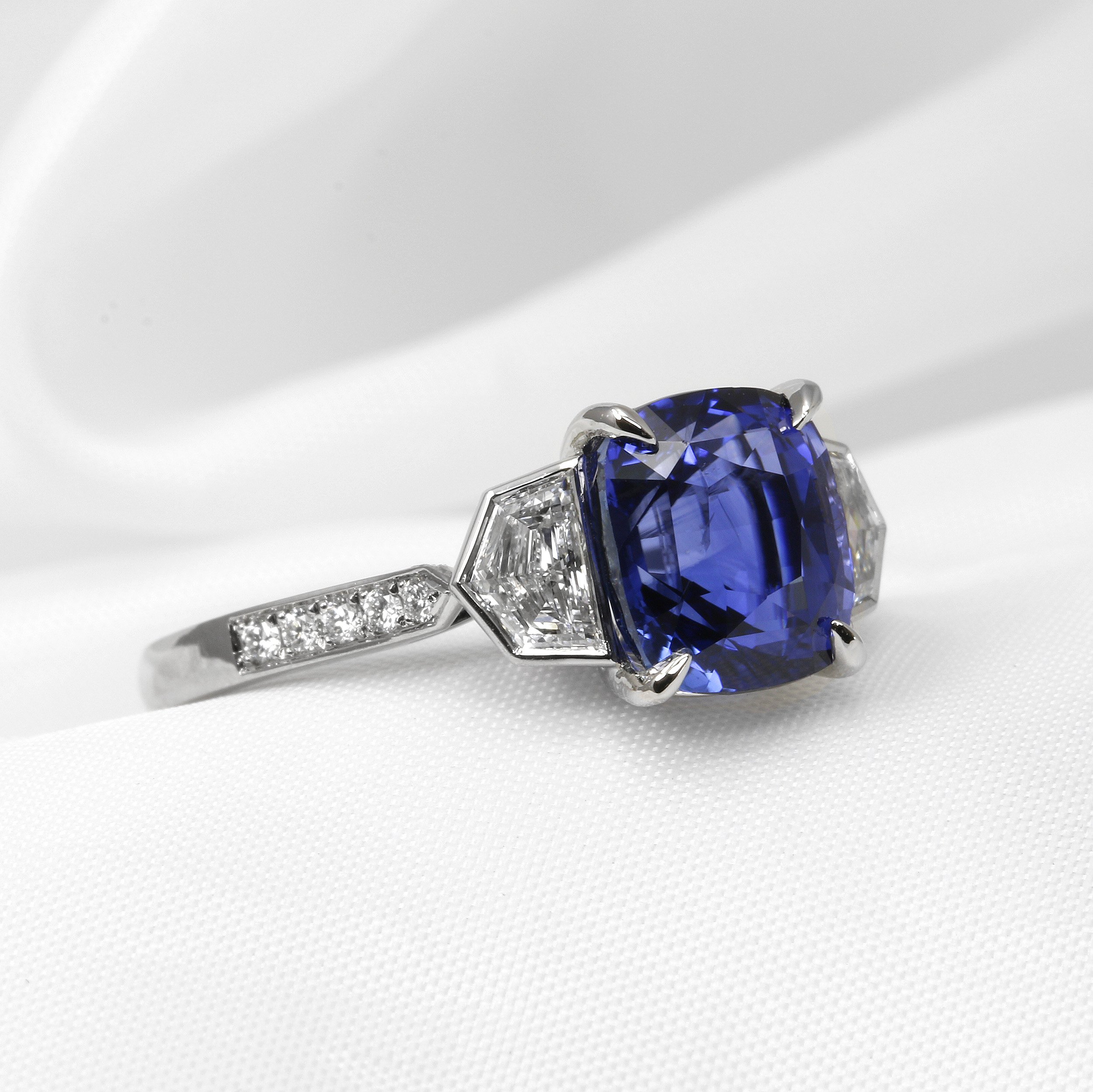 Cushion Sapphire and Cadillac Diamond Ring in Platinum