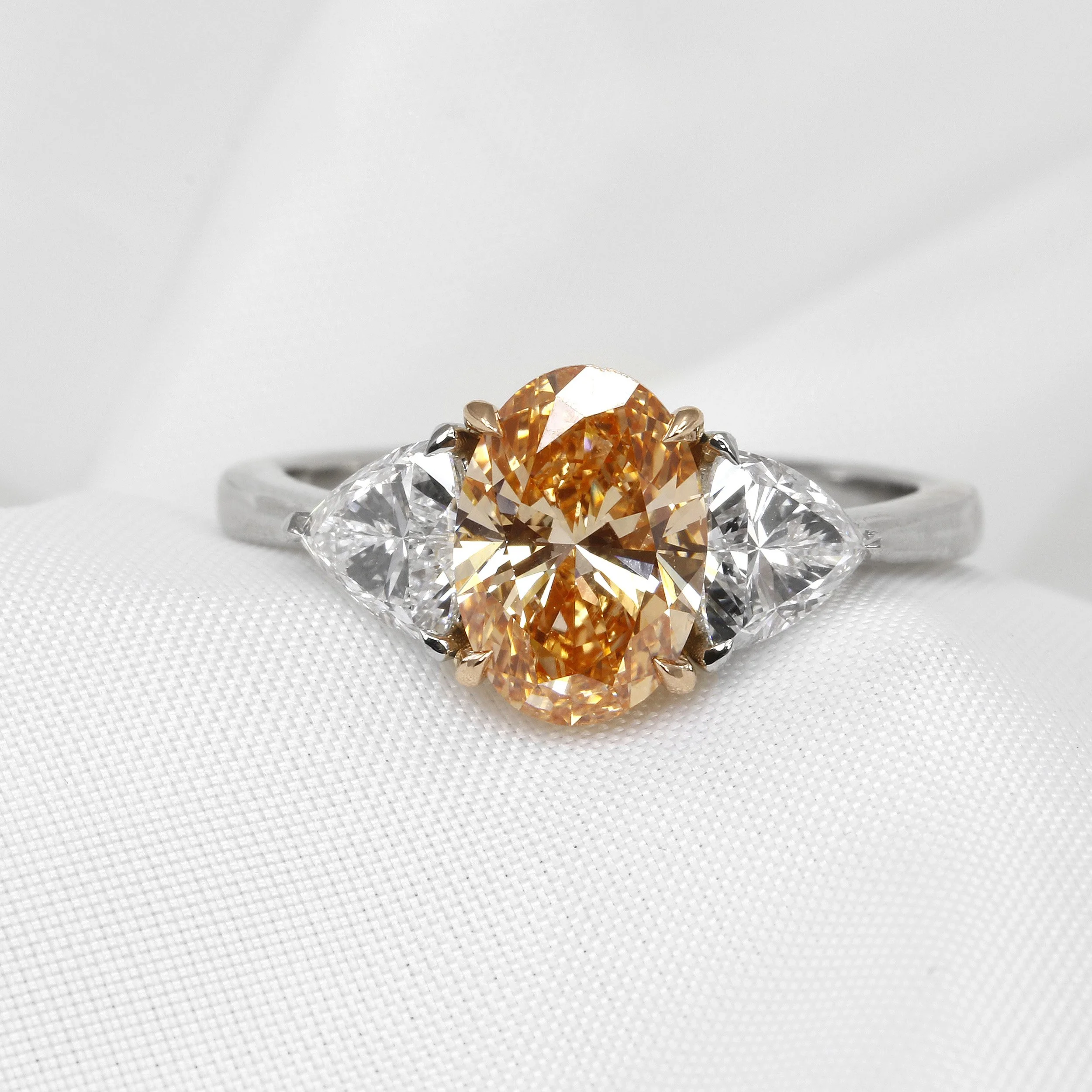 Lab Created Peach Oval and Trillliant Cut Diamond Three Stone Ring